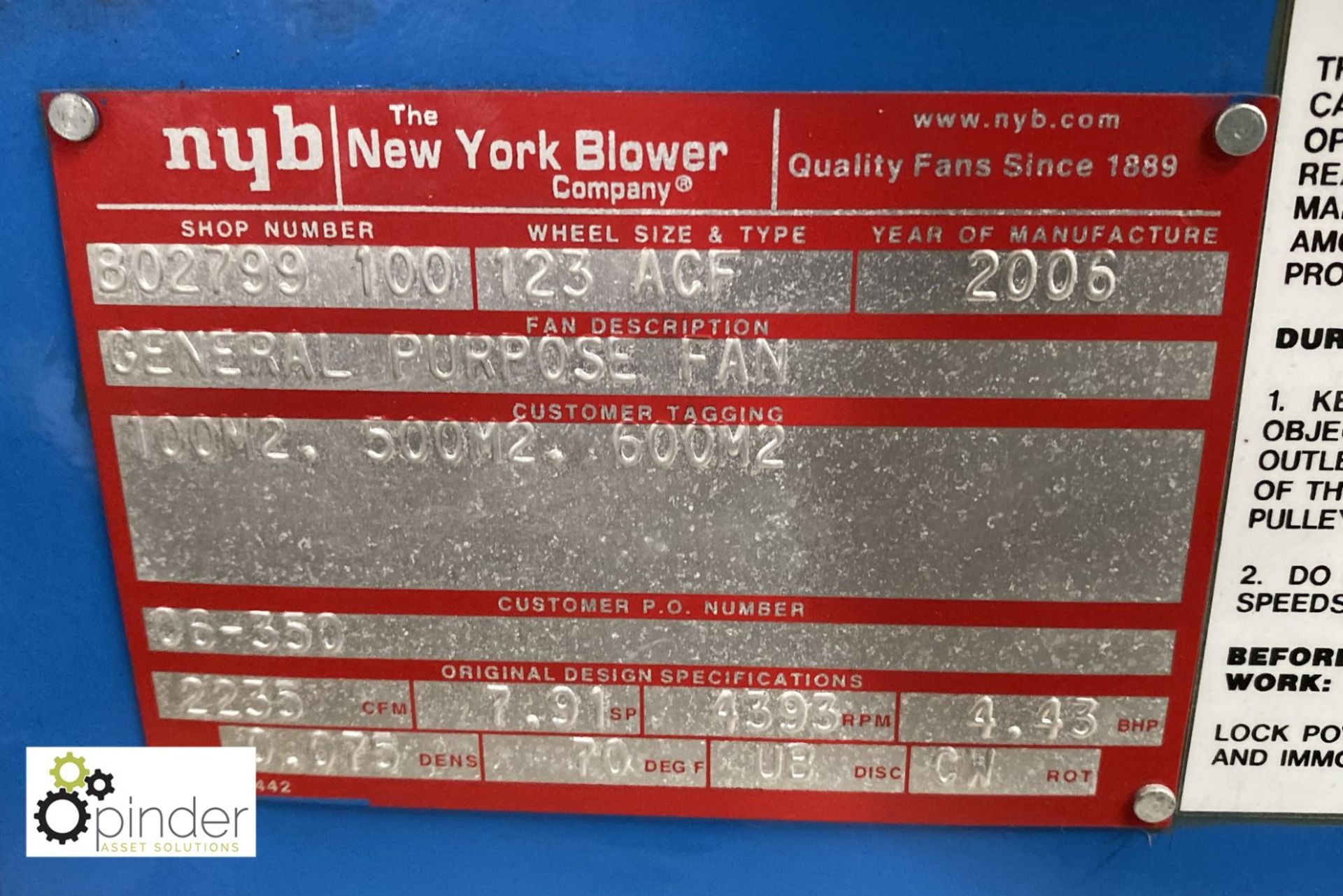 New York Blower Fan Set, wheel size 123ACF, year 2006, 2235cfm - Image 3 of 3