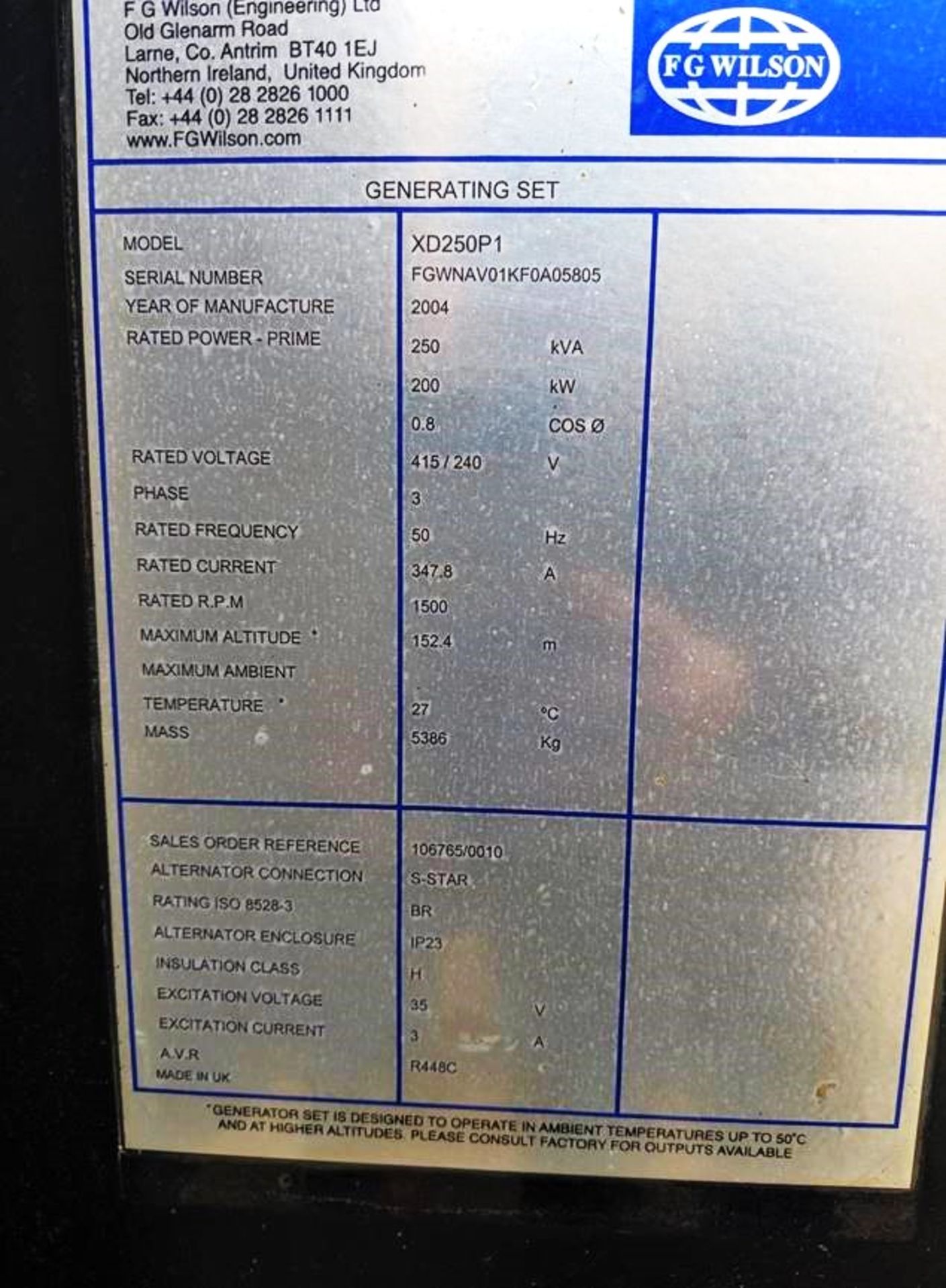 FG Wilson XD 250 P1 Generator, 250kva, 9945 hours, rated voltage 415volts/240volts, year 2004, - Image 4 of 5