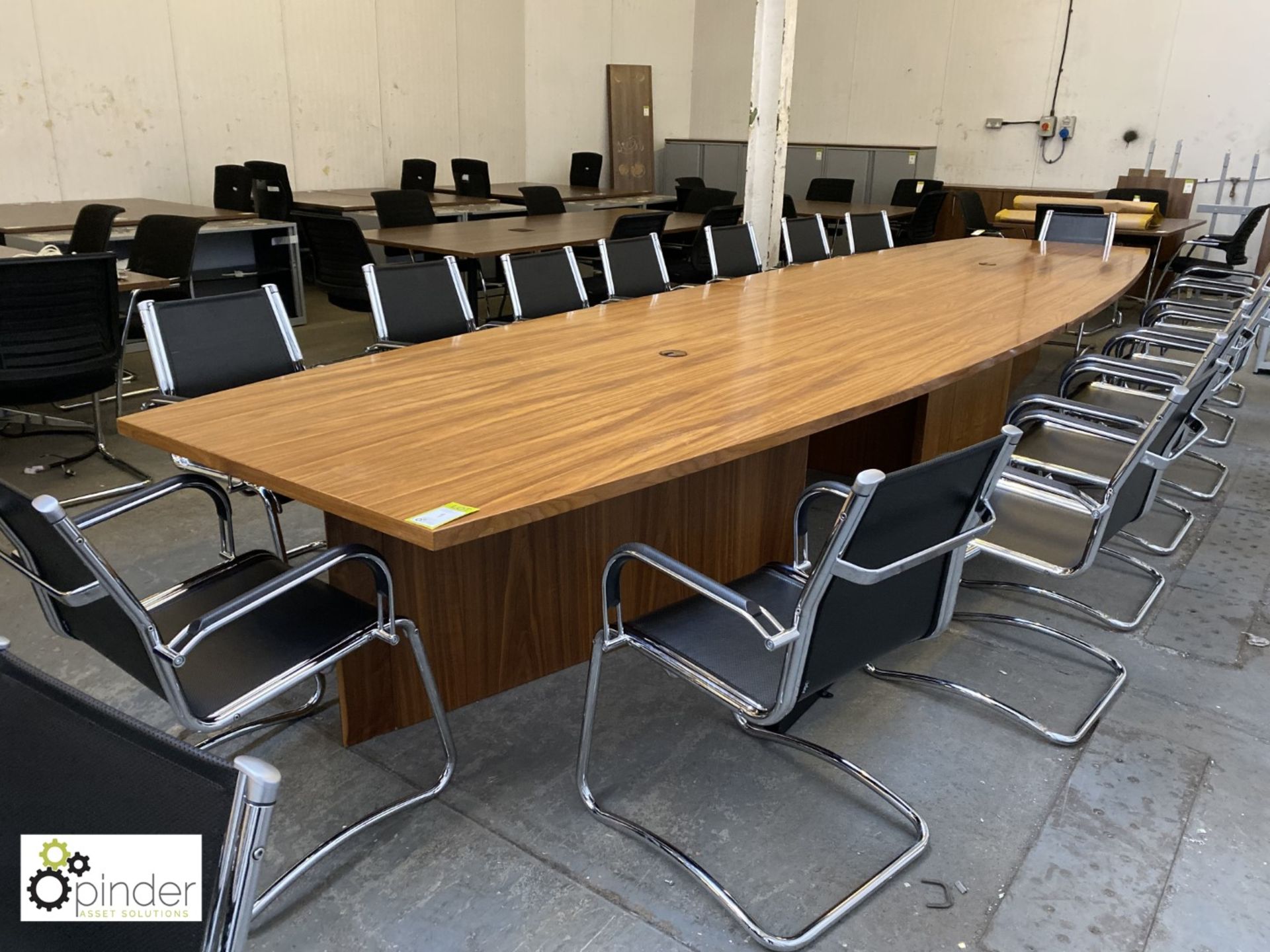 Walnut boat shaped Boardroom Table, 5600mm x 1510mm max, with 3 walnut support bases - Image 2 of 10