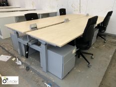 Beech effect 4-station Desk Pod, 3200mm x 1600mm overall size, with 4 steel pedestals and 4