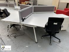 3-person Desk Pod, white, with 3 privacy screens, 3 white steel desk pedestals and 3 Senator