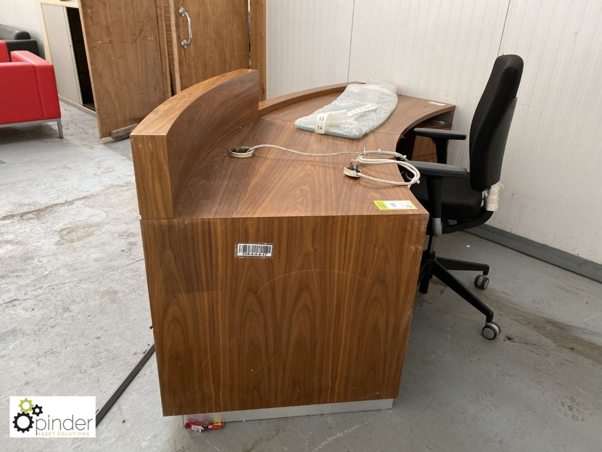 Walnut effect 2-section curved Reception Desk with walnut 3-drawer pedestal and Senator - Image 2 of 4