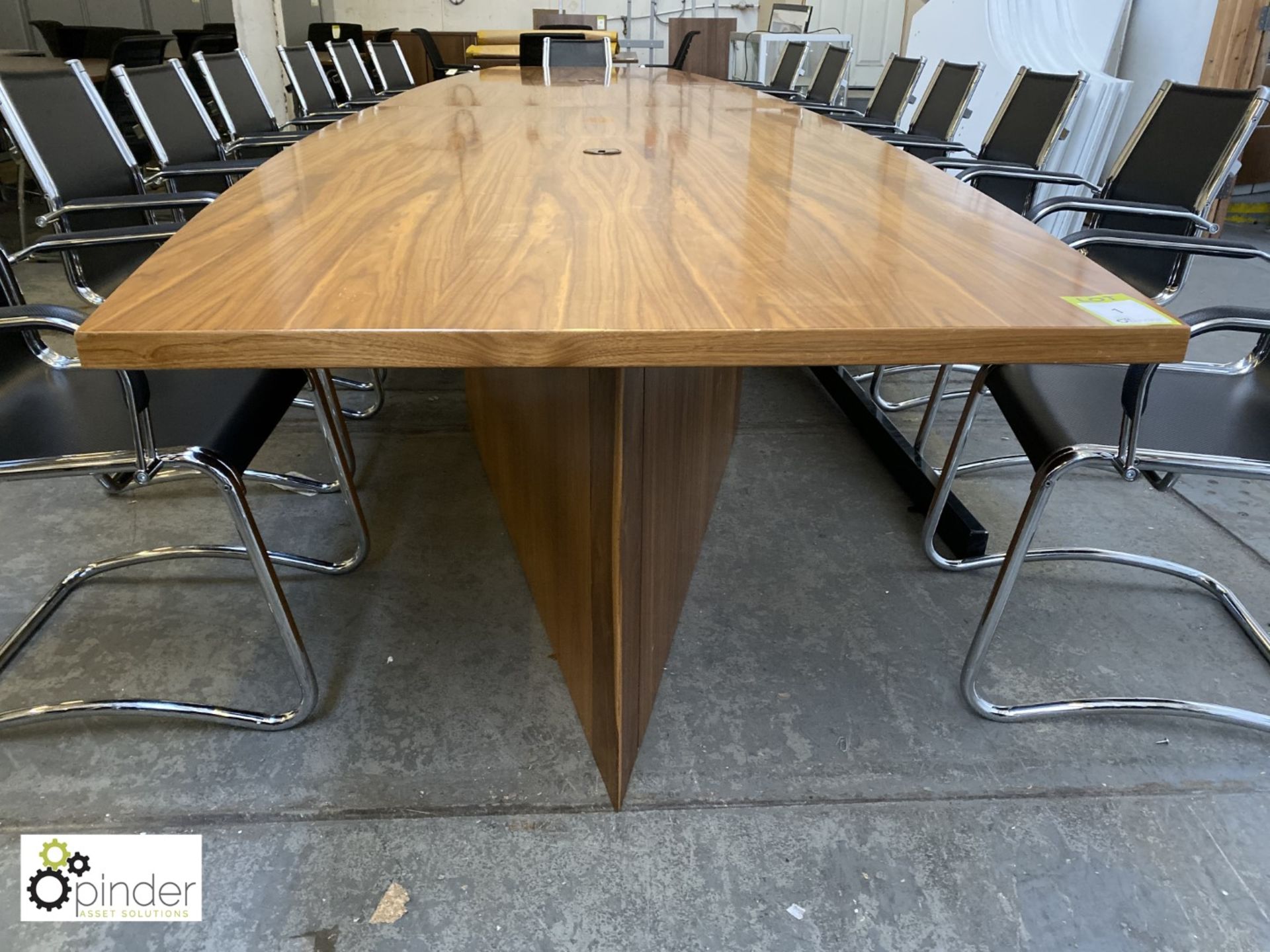 Walnut boat shaped Boardroom Table, 5600mm x 1510mm max, with 3 walnut support bases - Image 3 of 10