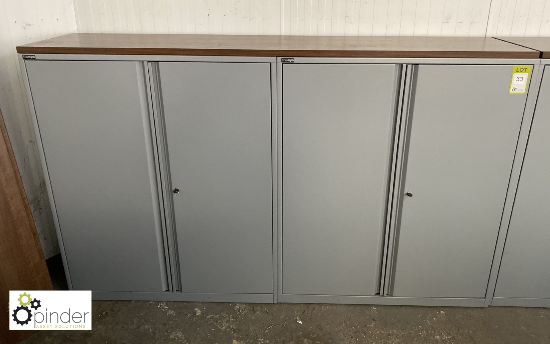 2 steel double door Cabinets, 1000mm x 475mm x 1200mm high with single walnut effect top
