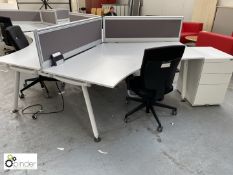 3-person Desk Pod, white, with 3 privacy screens, 3 white steel desk pedestals and 3 Senator