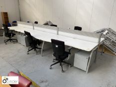 6-person Desk System, white, 5400mm x 2100mm overall size with 3 integrated privacy screens, 3 steel