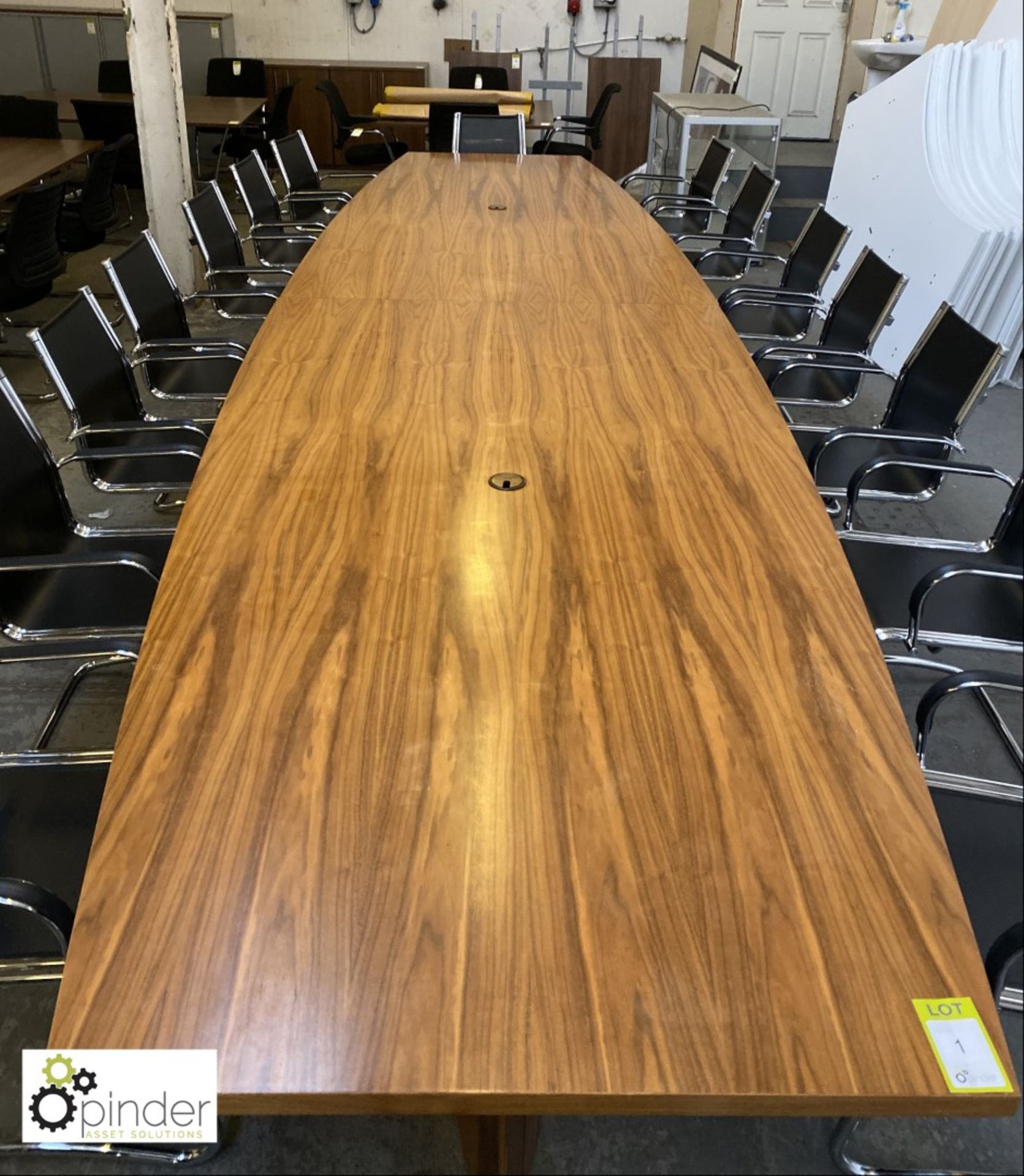 Walnut boat shaped Boardroom Table, 5600mm x 1510mm max, with 3 walnut support bases - Image 4 of 10