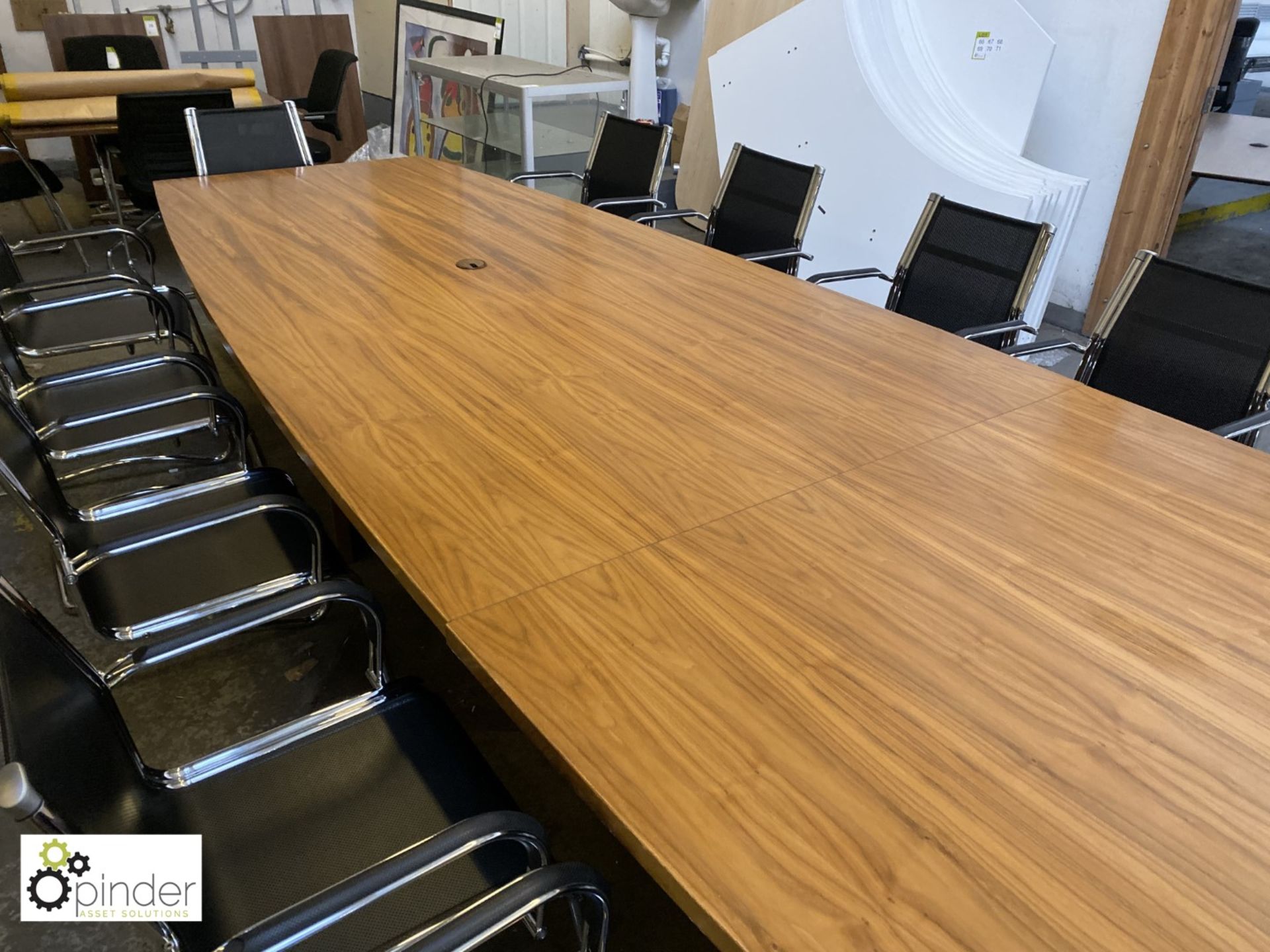 Walnut boat shaped Boardroom Table, 5600mm x 1510mm max, with 3 walnut support bases - Image 5 of 10