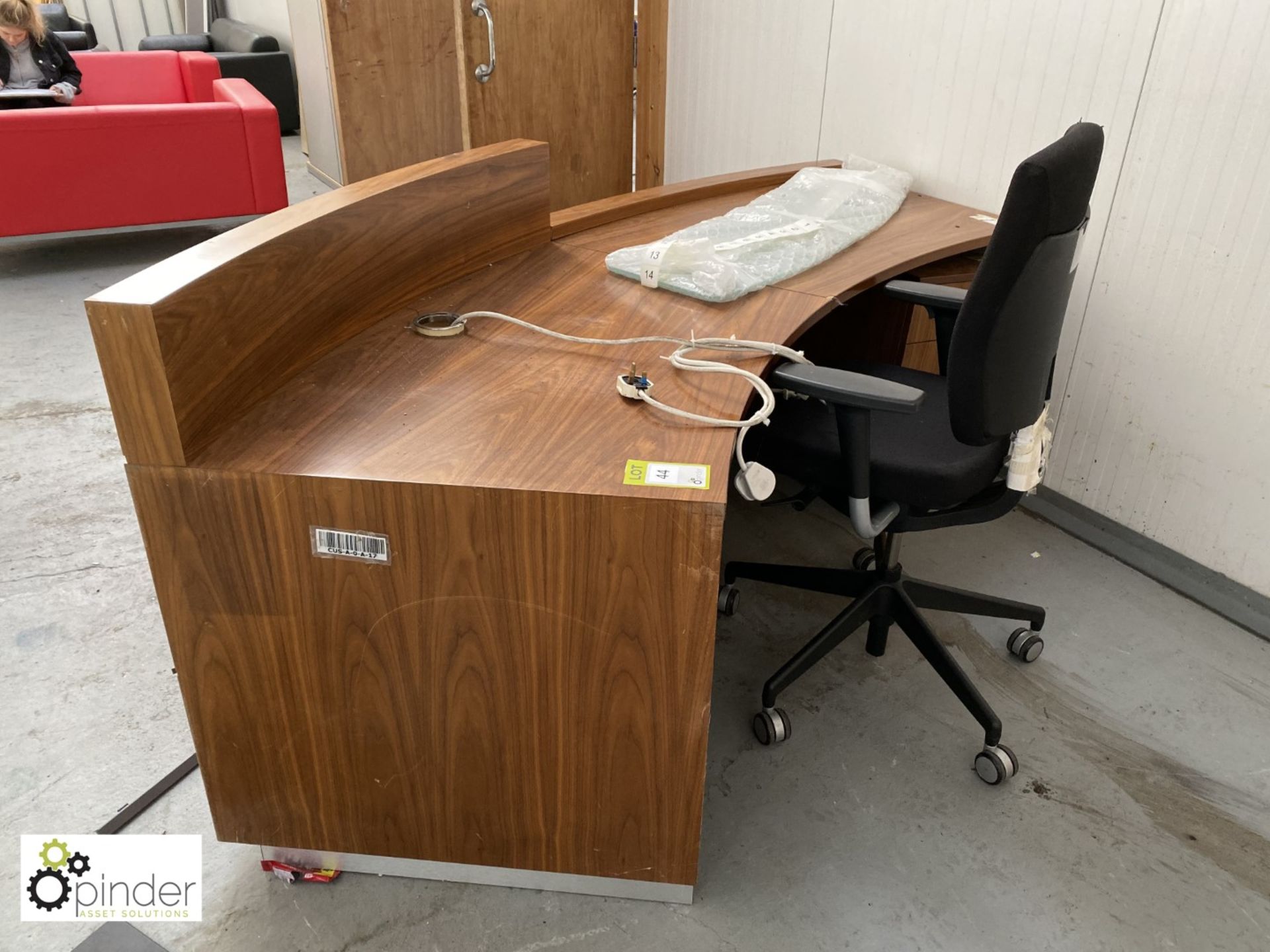 Walnut effect 2-section curved Reception Desk with walnut 3-drawer pedestal and Senator - Image 3 of 4