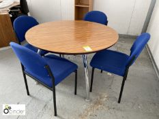 Walnut effect circular Meeting Table, 1200mm diameter, with 4 upholstered meeting chairs, blue