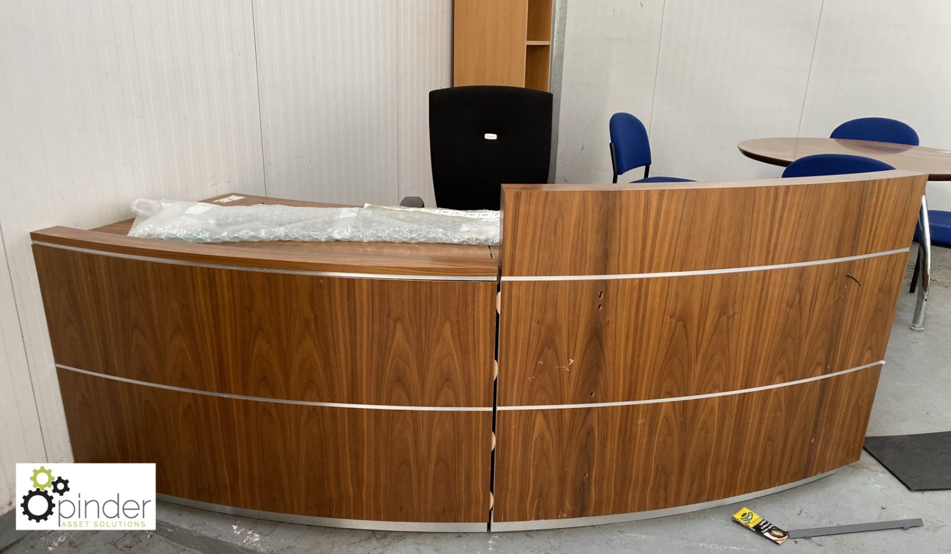 Walnut effect 2-section curved Reception Desk with walnut 3-drawer pedestal and Senator