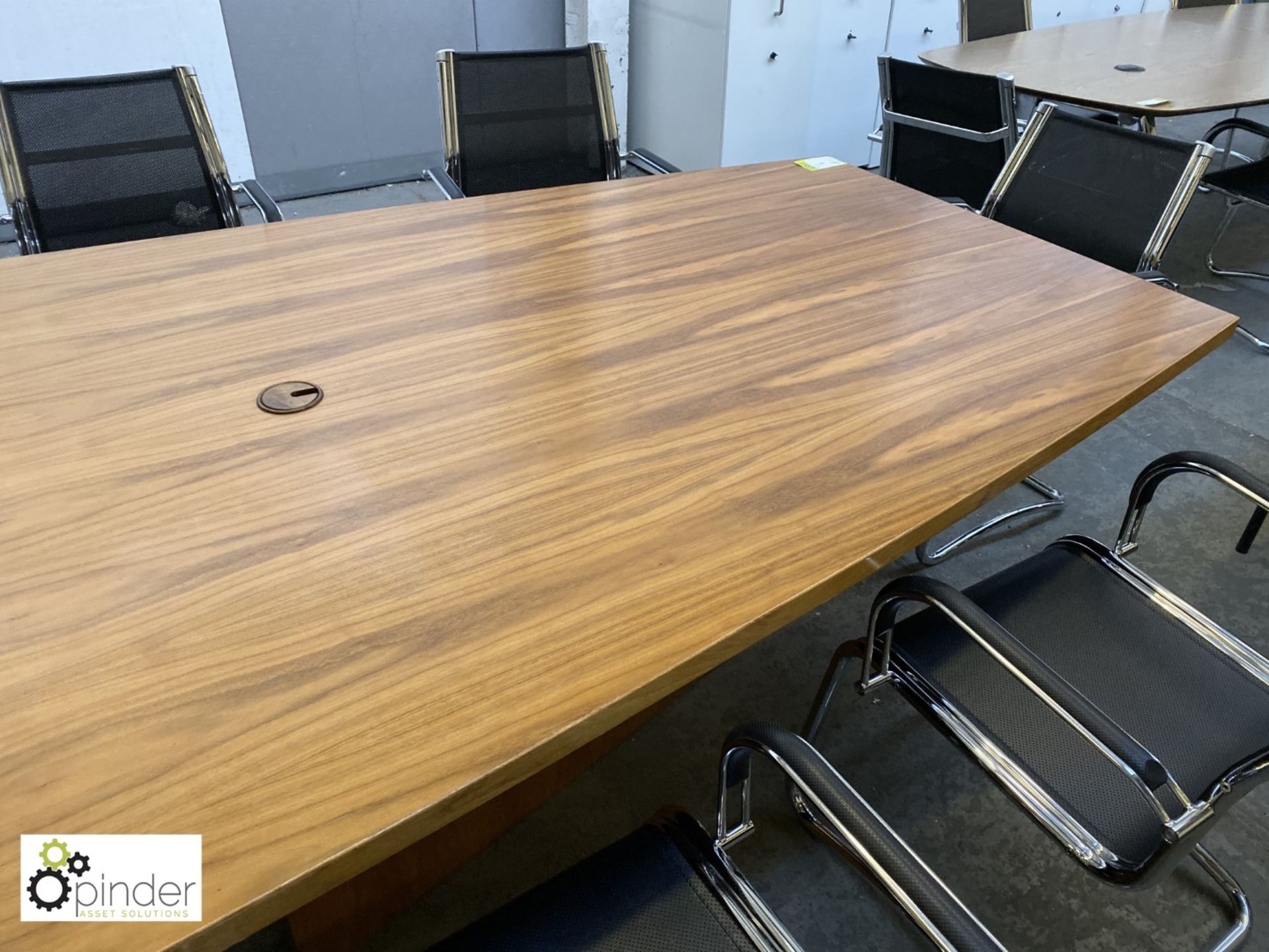 Walnut boat shaped Boardroom Table, 5600mm x 1510mm max, with 3 walnut support bases - Image 6 of 10