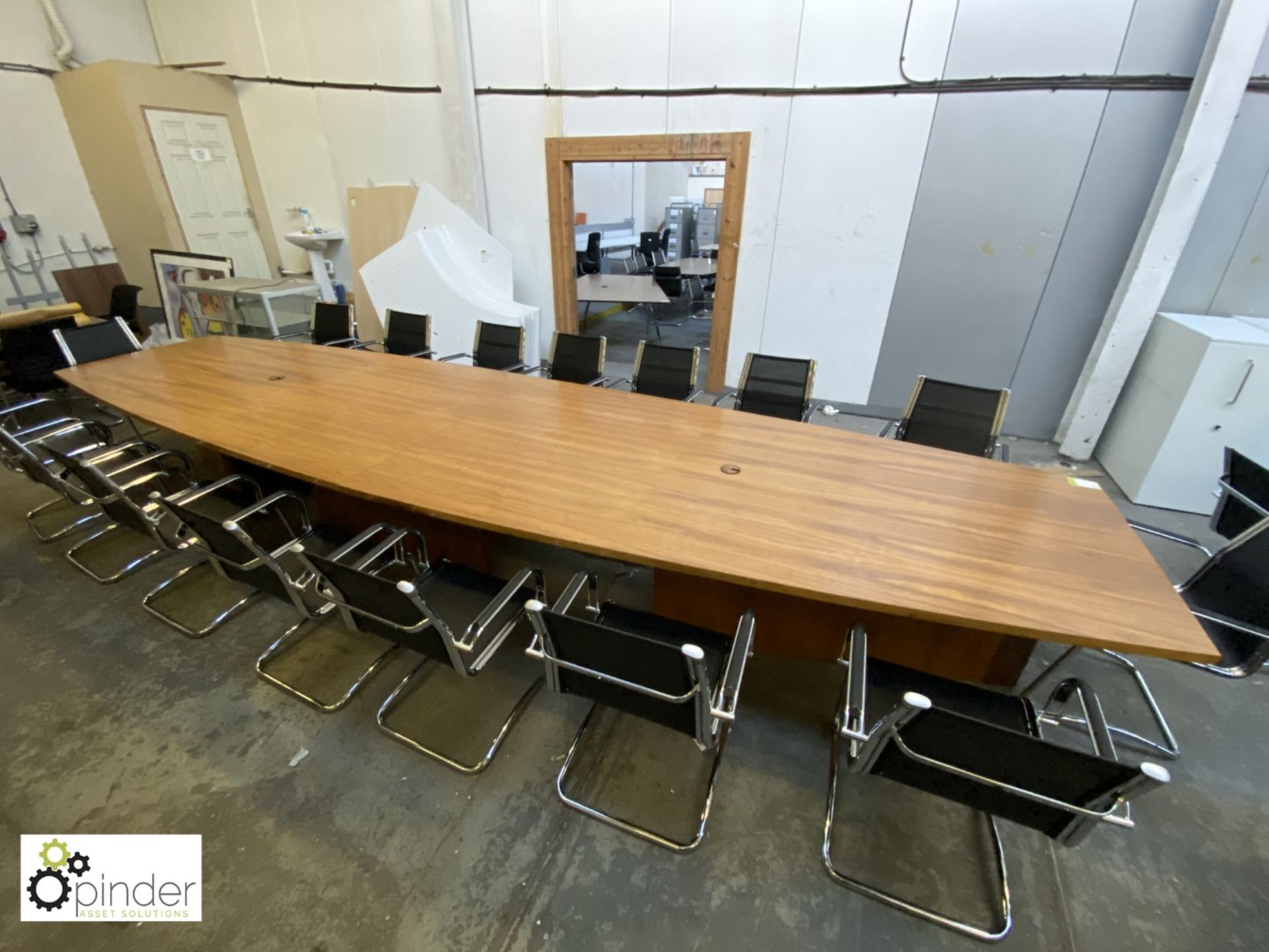 Walnut boat shaped Boardroom Table, 5600mm x 1510mm max, with 3 walnut support bases - Image 7 of 10