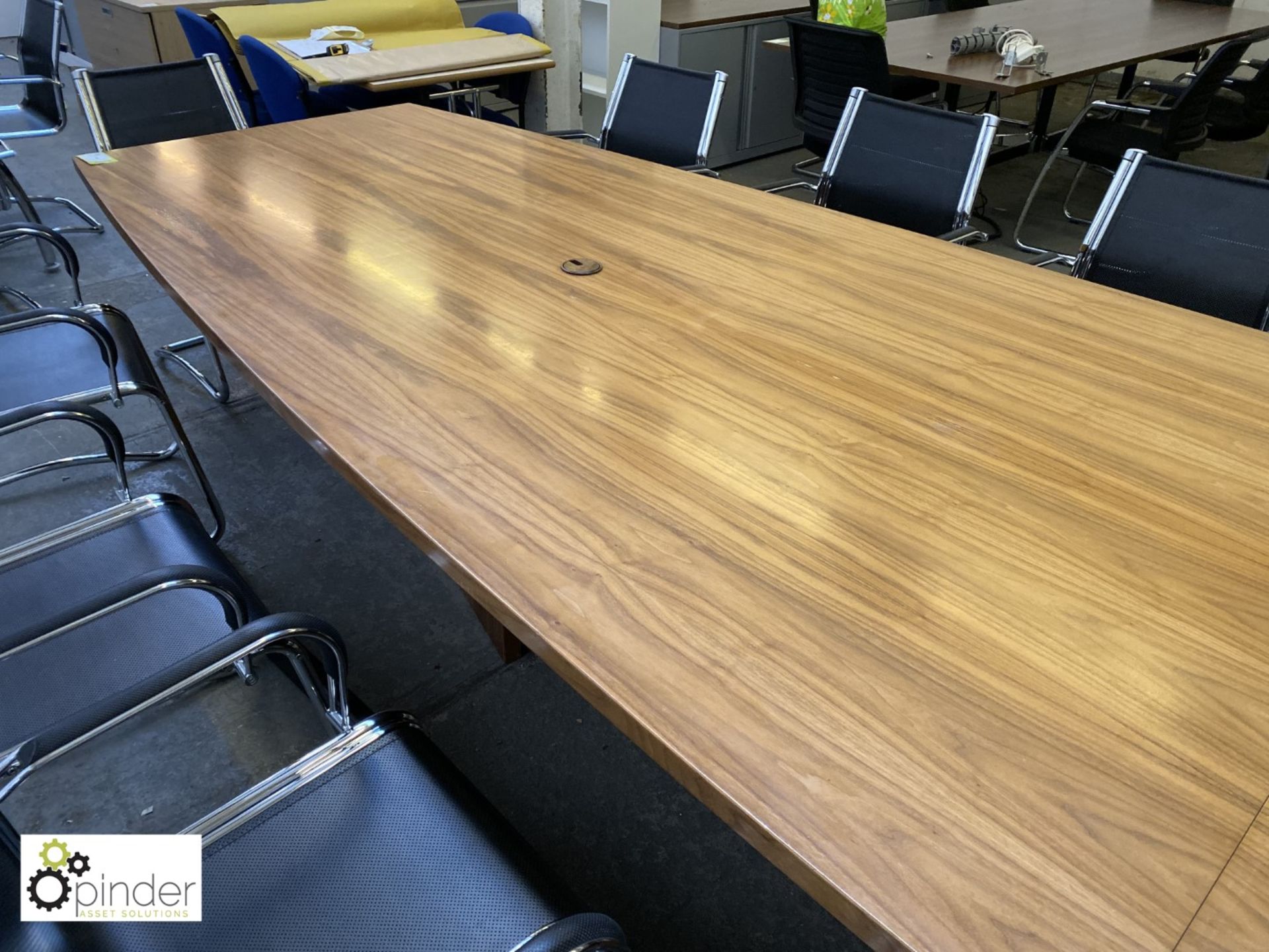 Walnut boat shaped Boardroom Table, 5600mm x 1510mm max, with 3 walnut support bases - Image 9 of 10