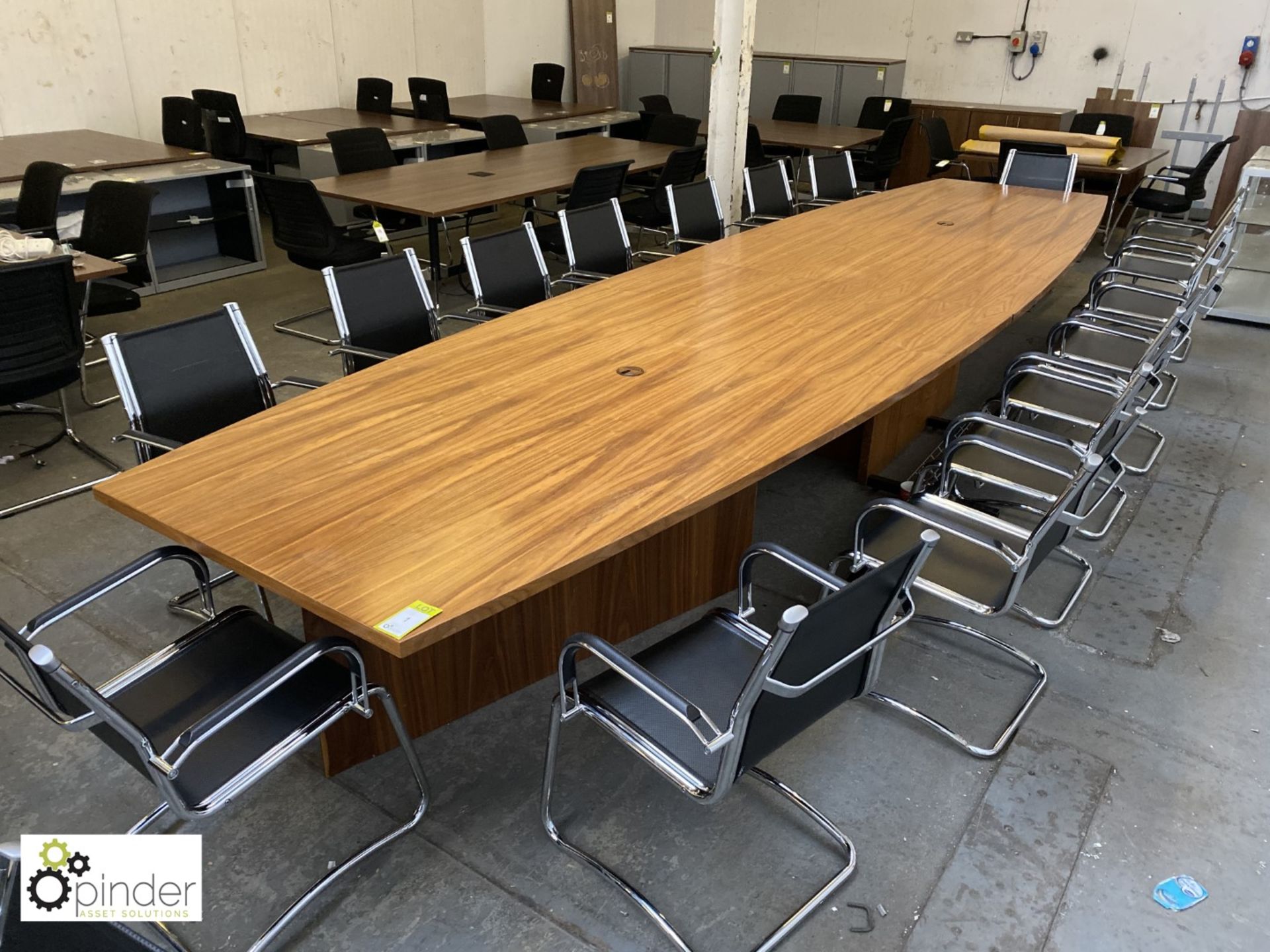 Walnut boat shaped Boardroom Table, 5600mm x 1510mm max, with 3 walnut support bases
