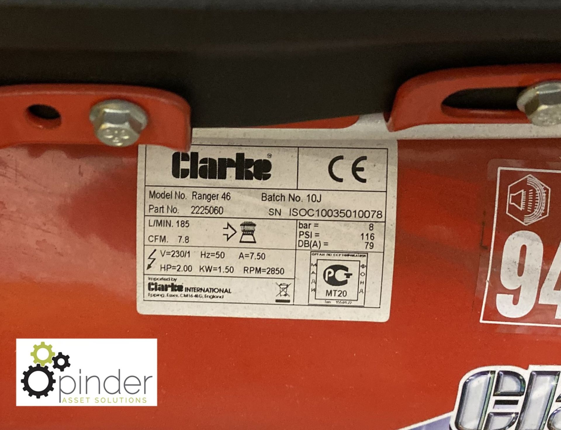 Clarke Ranger 46 portable receiver mounted Compressor, 240volts (this lot is located in Penistone) - Image 2 of 3