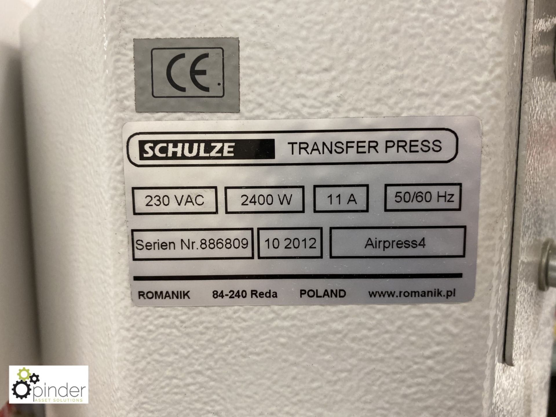 Shulze Air-Press-4X automatic 4-station Transfer Press, 240volts, 445mm x 380mm max plate size, year - Image 5 of 5