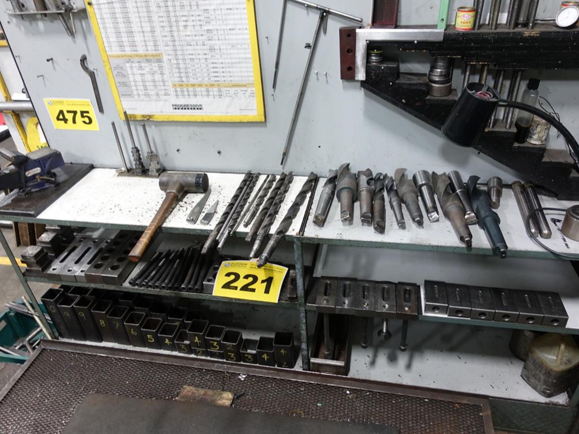 LOT OF RADIAL ARM DRILL TOOLING, DRILLS, END MILLS, HOLD DOWNS, ETC.