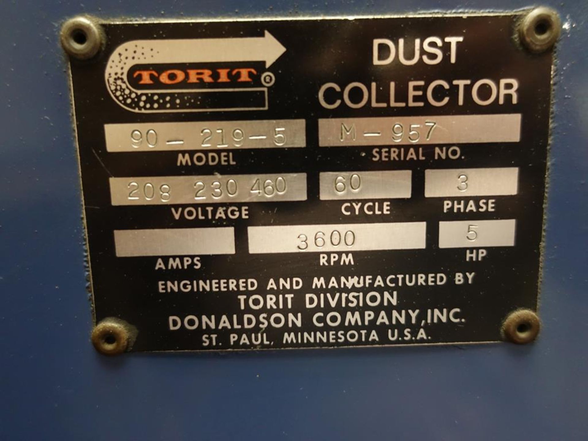 DONALDSON TORIT, 90-219-5, DUST COLLECTOR, S/N M-957 - Image 3 of 3