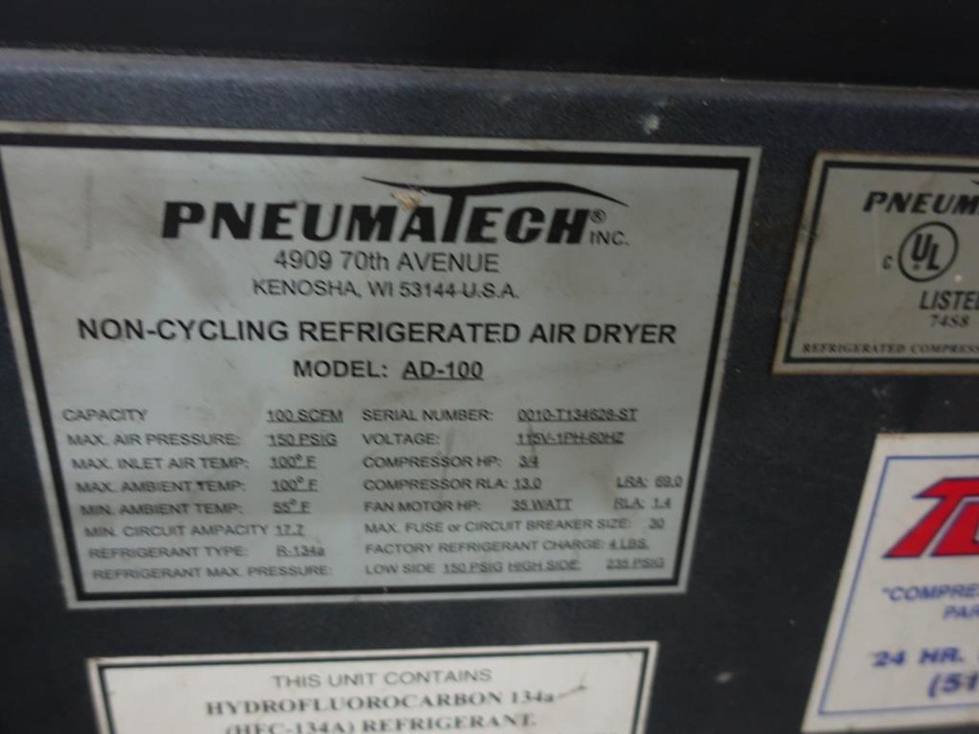 PNEUMATECH, AD-100, 100 CFM, AIR DRYER - Image 2 of 2