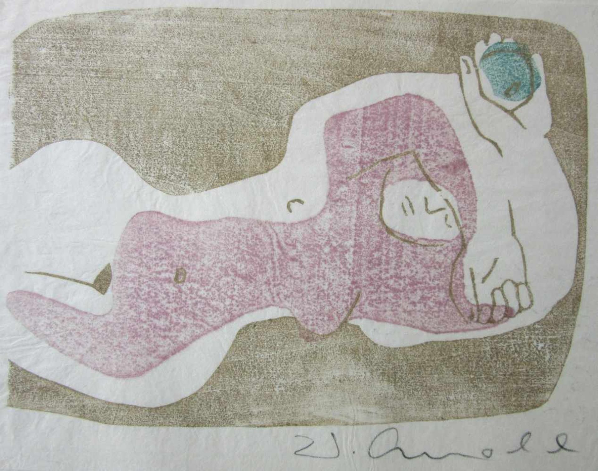 Arnold, Walter (1909 Leipzig – 1979 Dresden) „Liegender Akt“Farbholzschnitt auf Japanpapier, auf