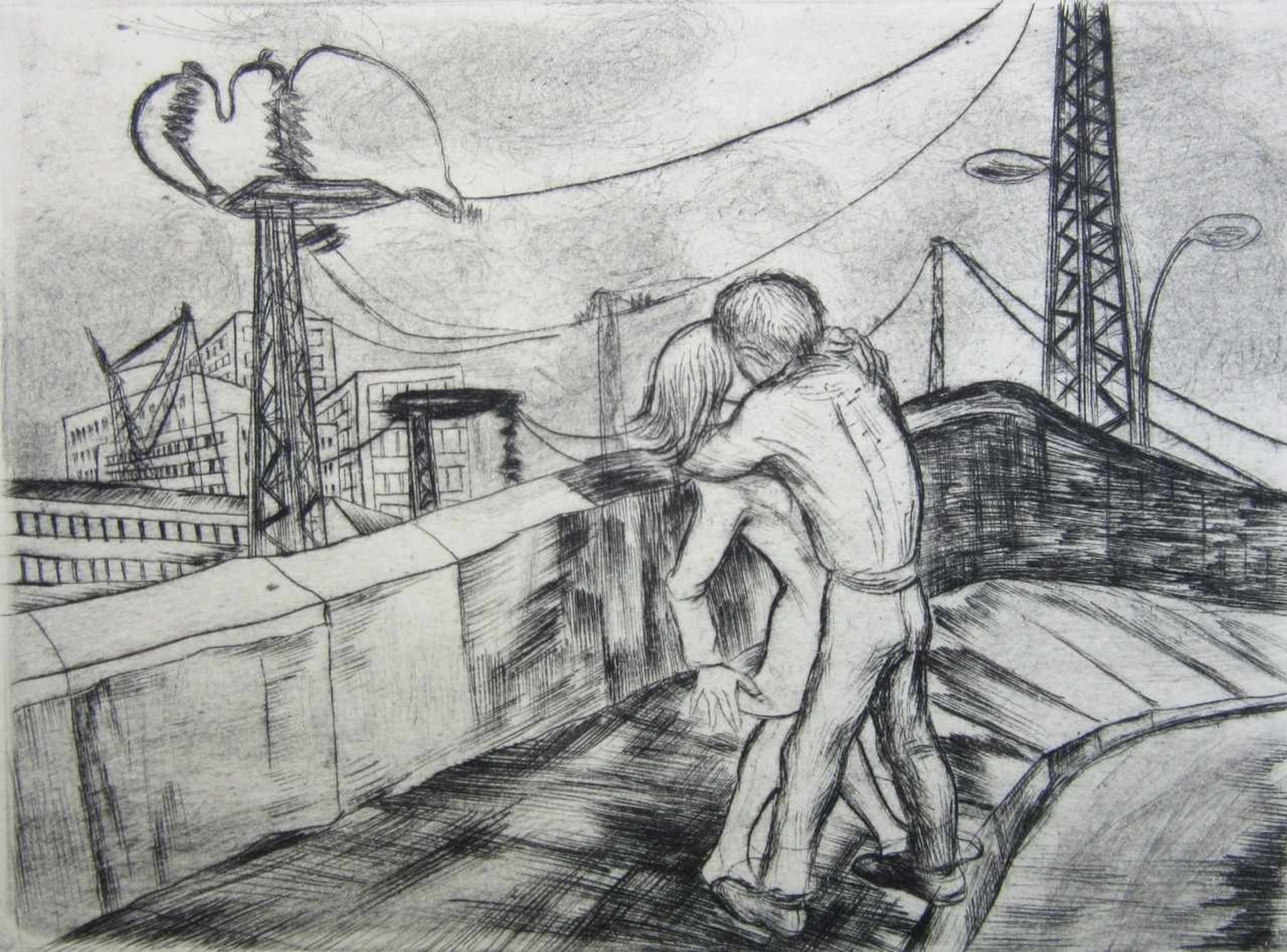 Grundig, Lea (1906 Dresden – 1977 während einer Mittelmeerreise)„Paar auf der Brücke“Radierung,