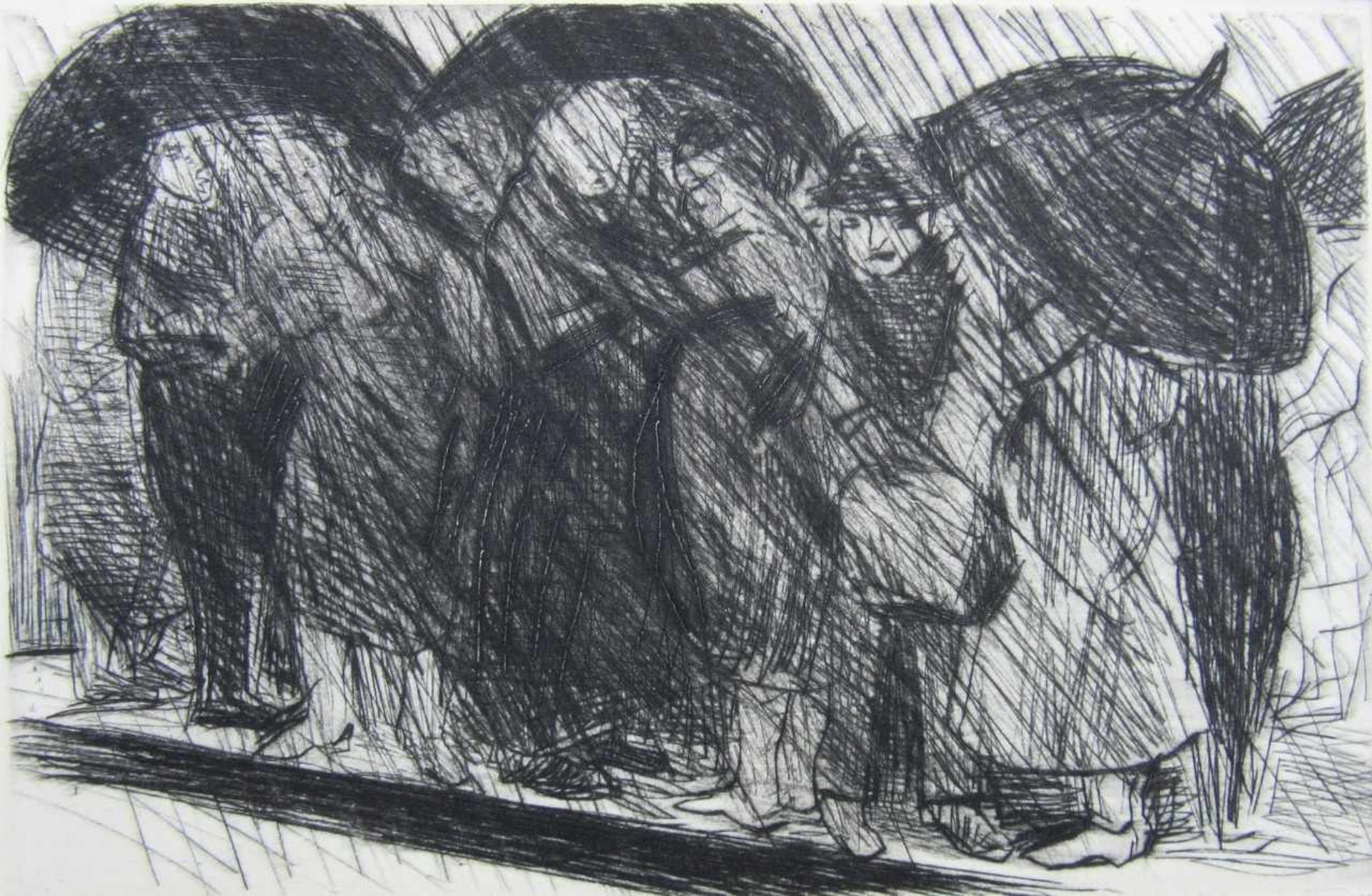 Equit, Eberhard (1939 Langenleuba, lebt in Berlin) „Wartende im Regen“Radierung, unten rechts