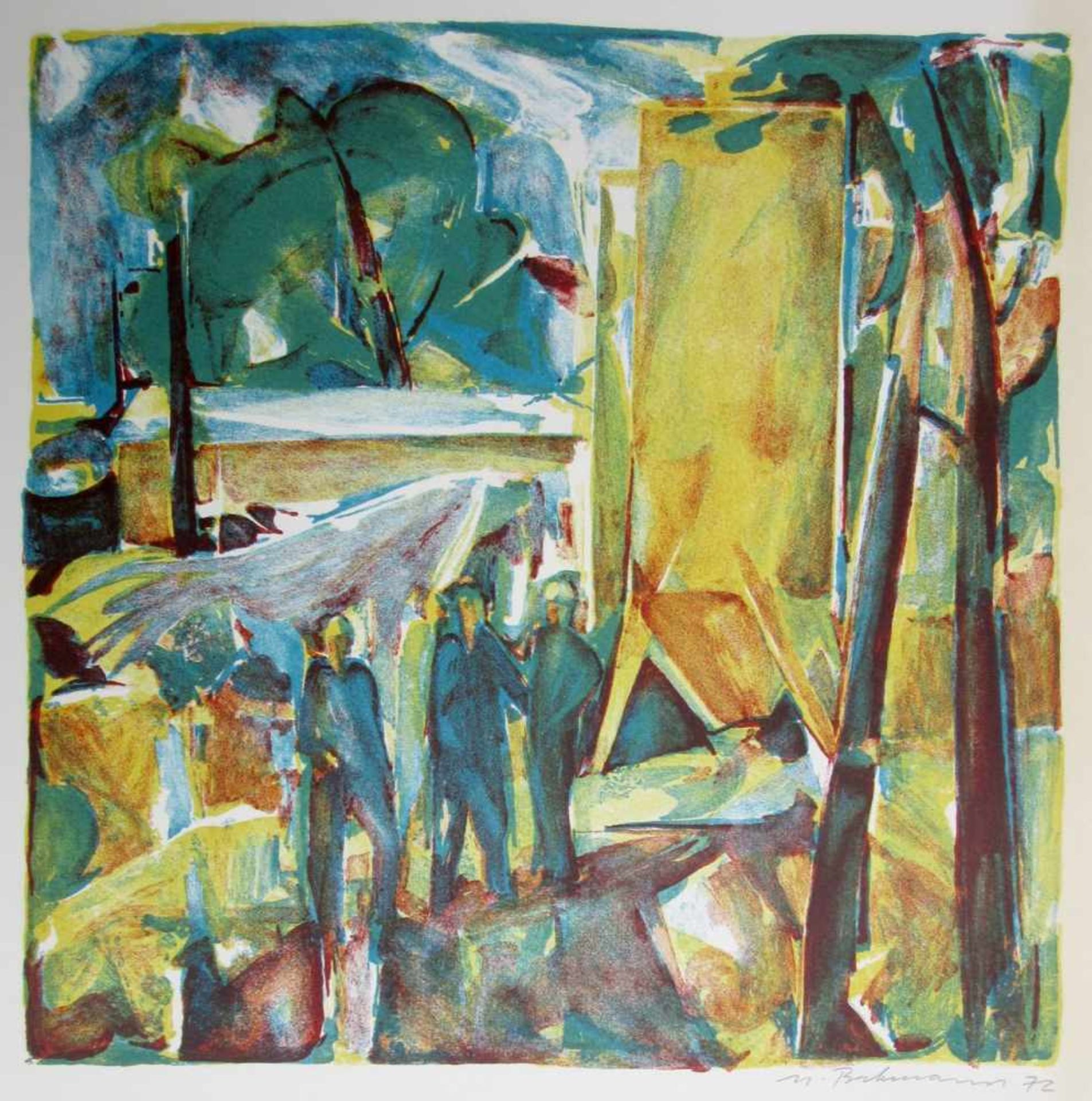 Beckmann, Uwe (1941 Ludwigslust, lebt in Bergfelde) „Auf der Baustelle“Farblithografie, unten rechts