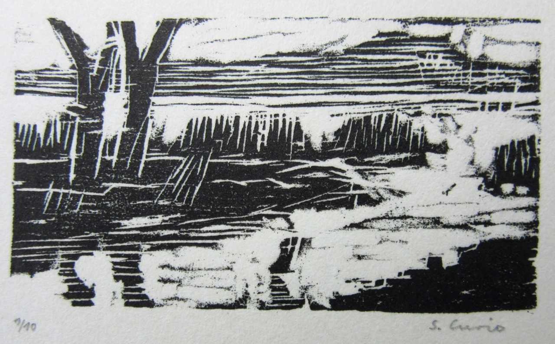 Curio, Sabine (1950 Ahlbeck, lebt in Stolpe/Usedom) „Spiegelungen“Holzschnitt, unten rechts