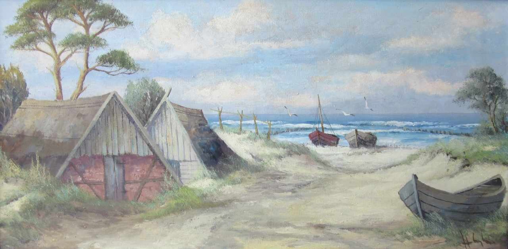 Vaegler, Hermann (1910 Greifswald – 1992 Wolgast)"Fischerhütten auf Usedom"Öl auf Leinwand, Maße: