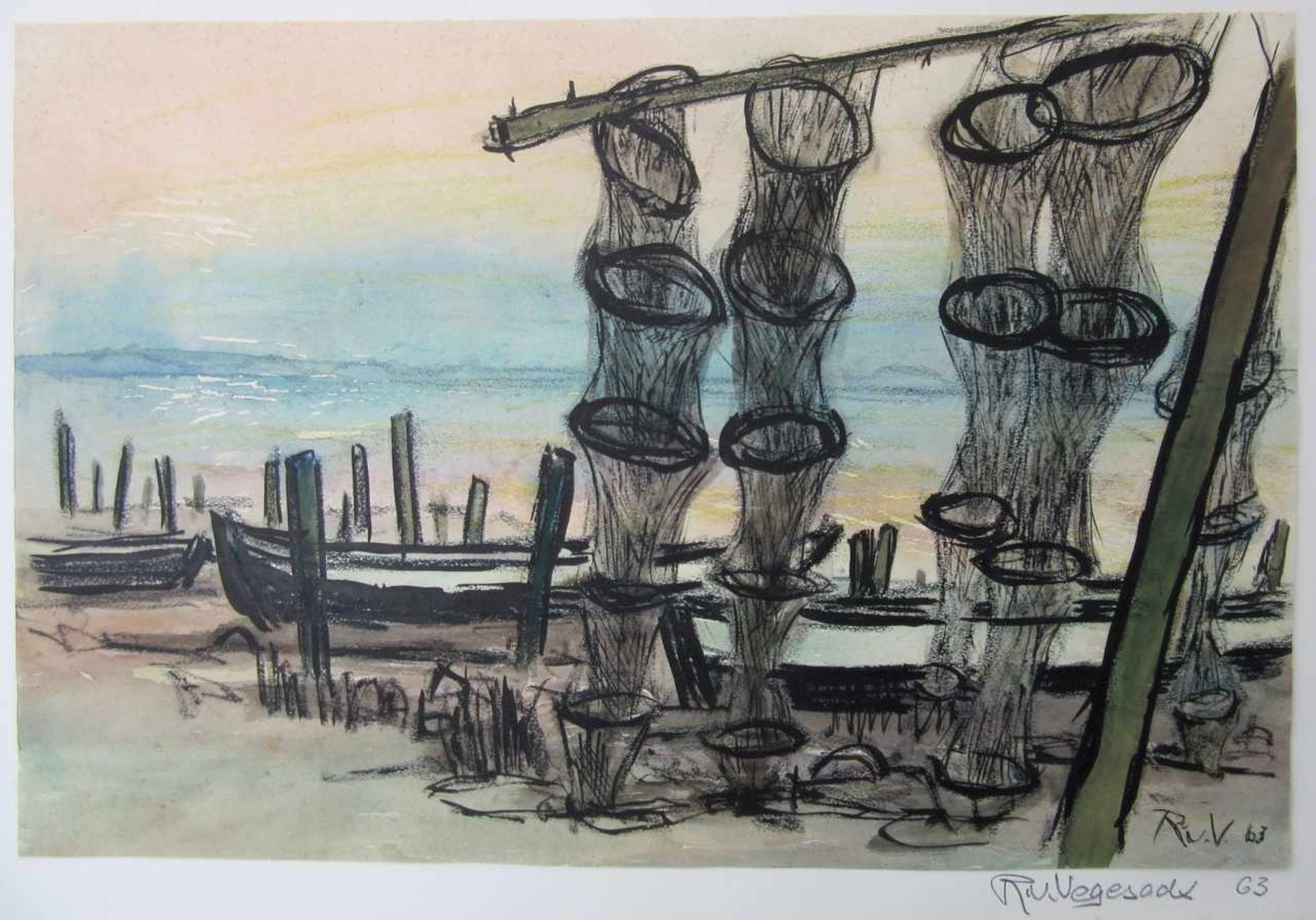 Vegesack, Rupprecht von (1917 Dorpat - 1976 Maasholm)"Fischerboote und Reusen" Aquarell/Tusche,