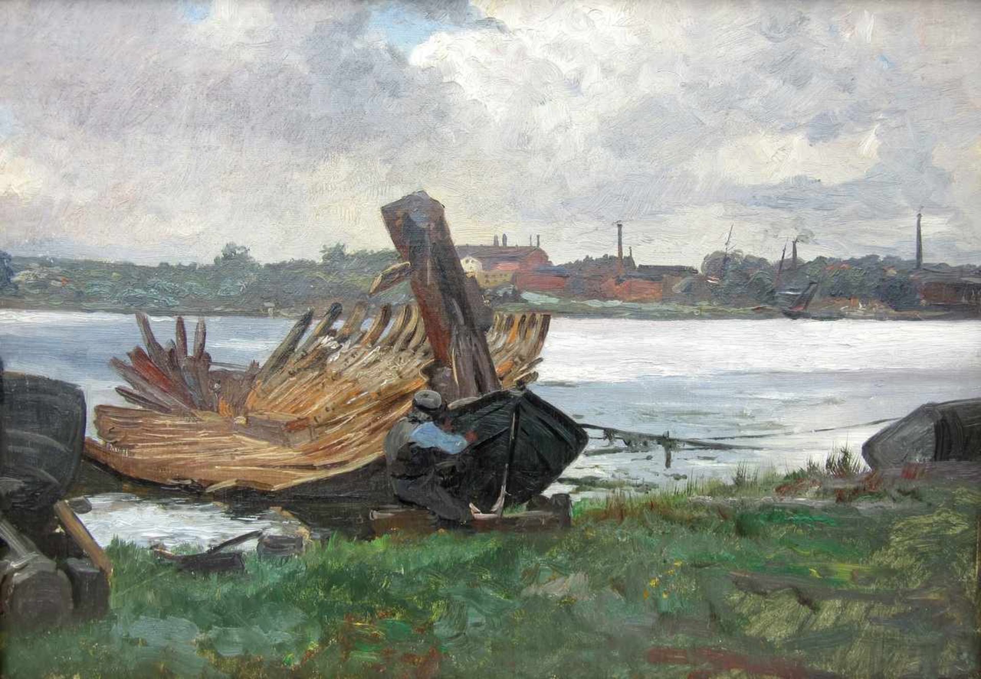 Hennemann, Karl (1884 Waren/Müritz – 1972 Schwerin) „Am Schiffswrack“Öl auf Leinwand, auf Pappe