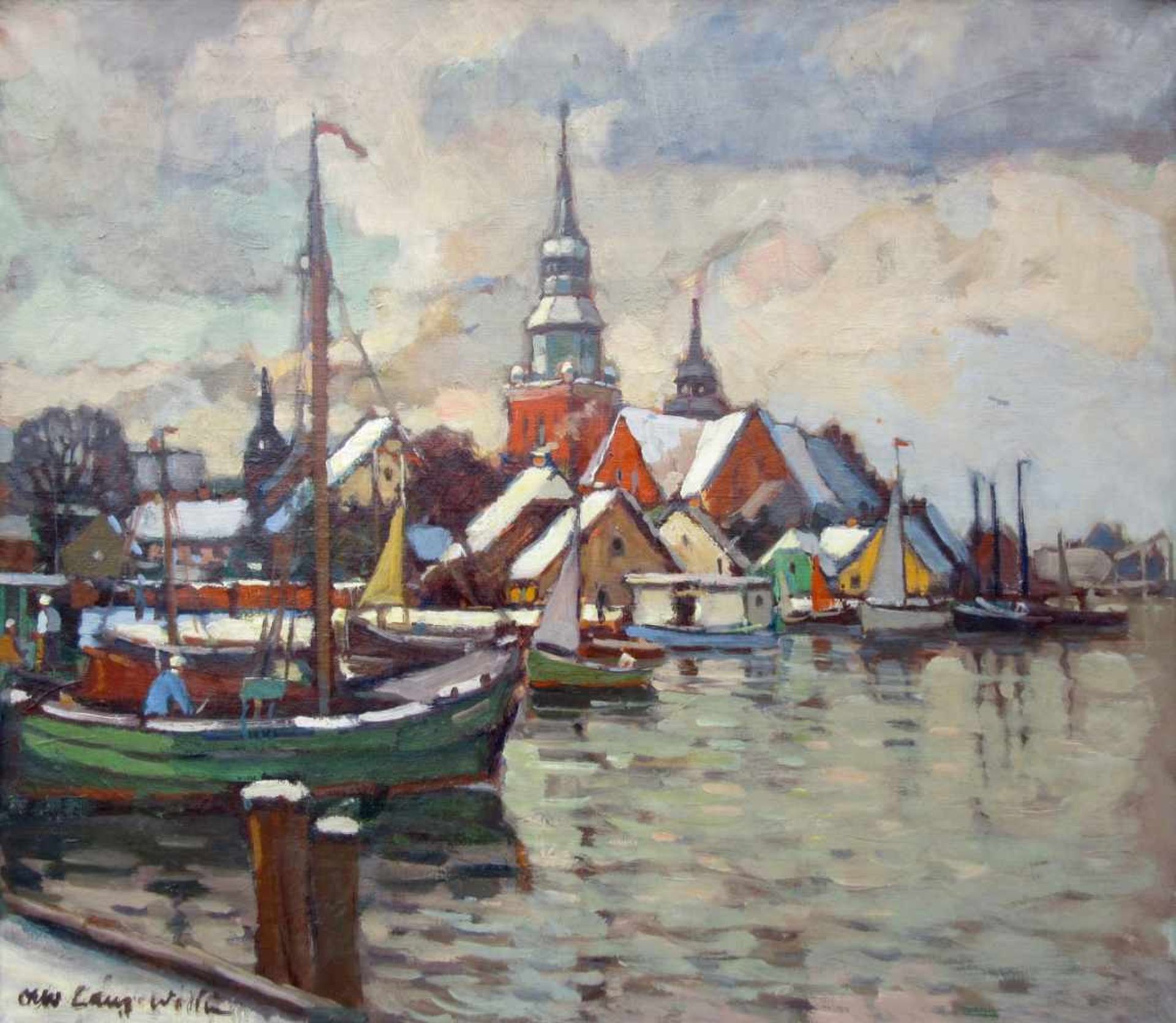 Lang-Wollin, Otto (1881 Kassel – 1958 San Remo) "Winterabend im Wolliner Hafen"Öl auf Leinwand,