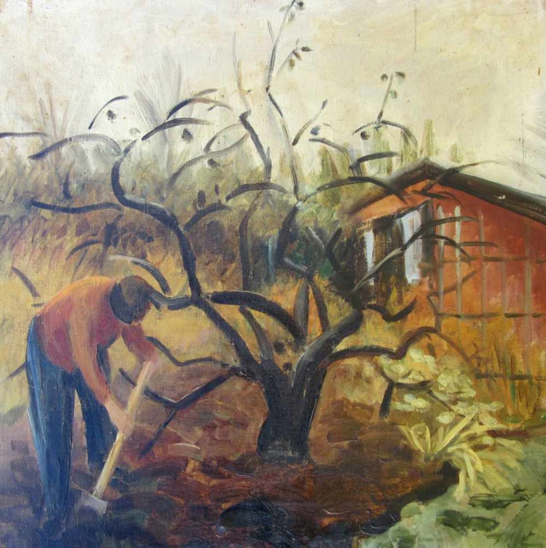 Wohlwill-Thomae, Emmy (1883 Hamburg – 1961 Hamburg) "Bei der Gartenarbeit"Öl auf Leinwand,