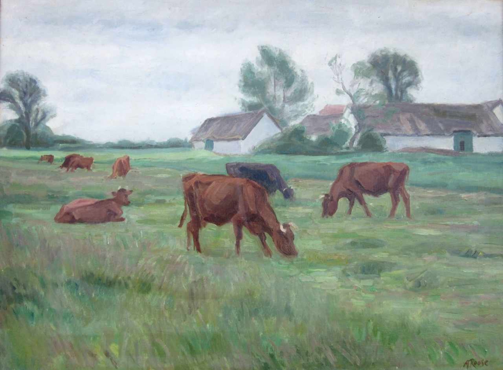 Roose, Aage Valdemar Larsen (1880 Kolding – 1970 ?) "Weidende Kühe"Öl auf Leinwand, unten rechts