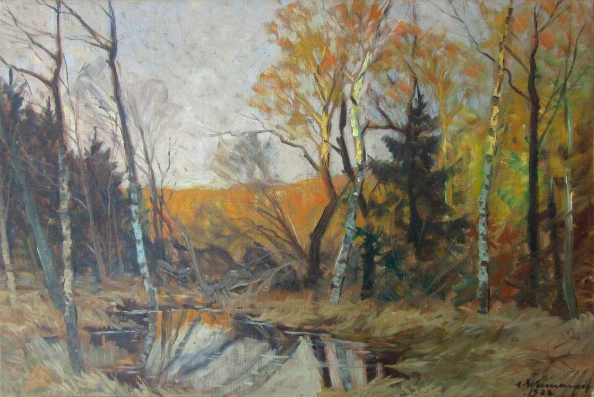 Wennemoes, Carl (1889 Birkerød – 1965 Birkerød) „Waldinneres im Herbst“Öl auf Leinwand, unten rechts