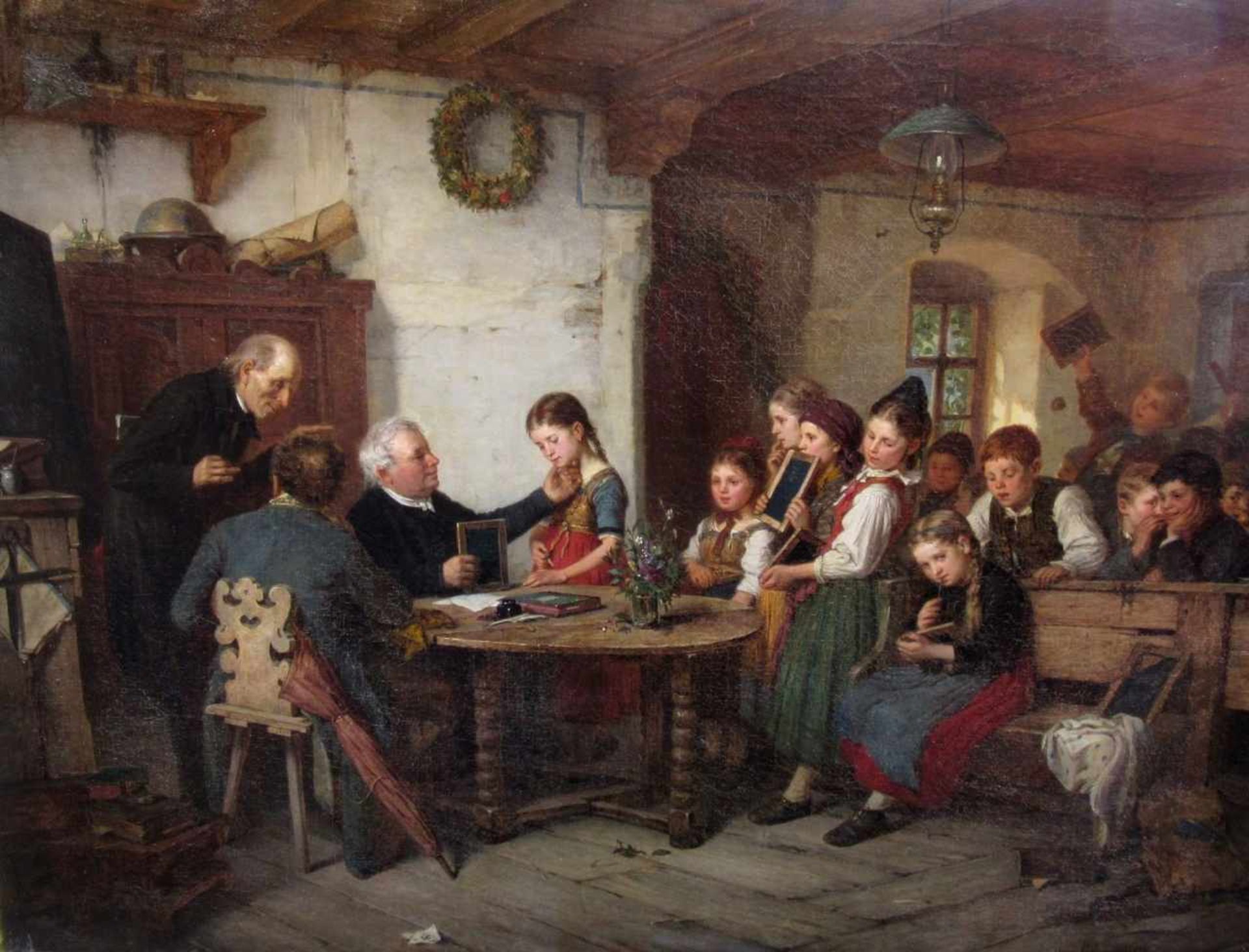 Oehmichen, Hugo (1843 Borsdorf bei Leipzig - 1932 Düsseldorf)"Der Herr Schulrat in der Dorfschule"Öl