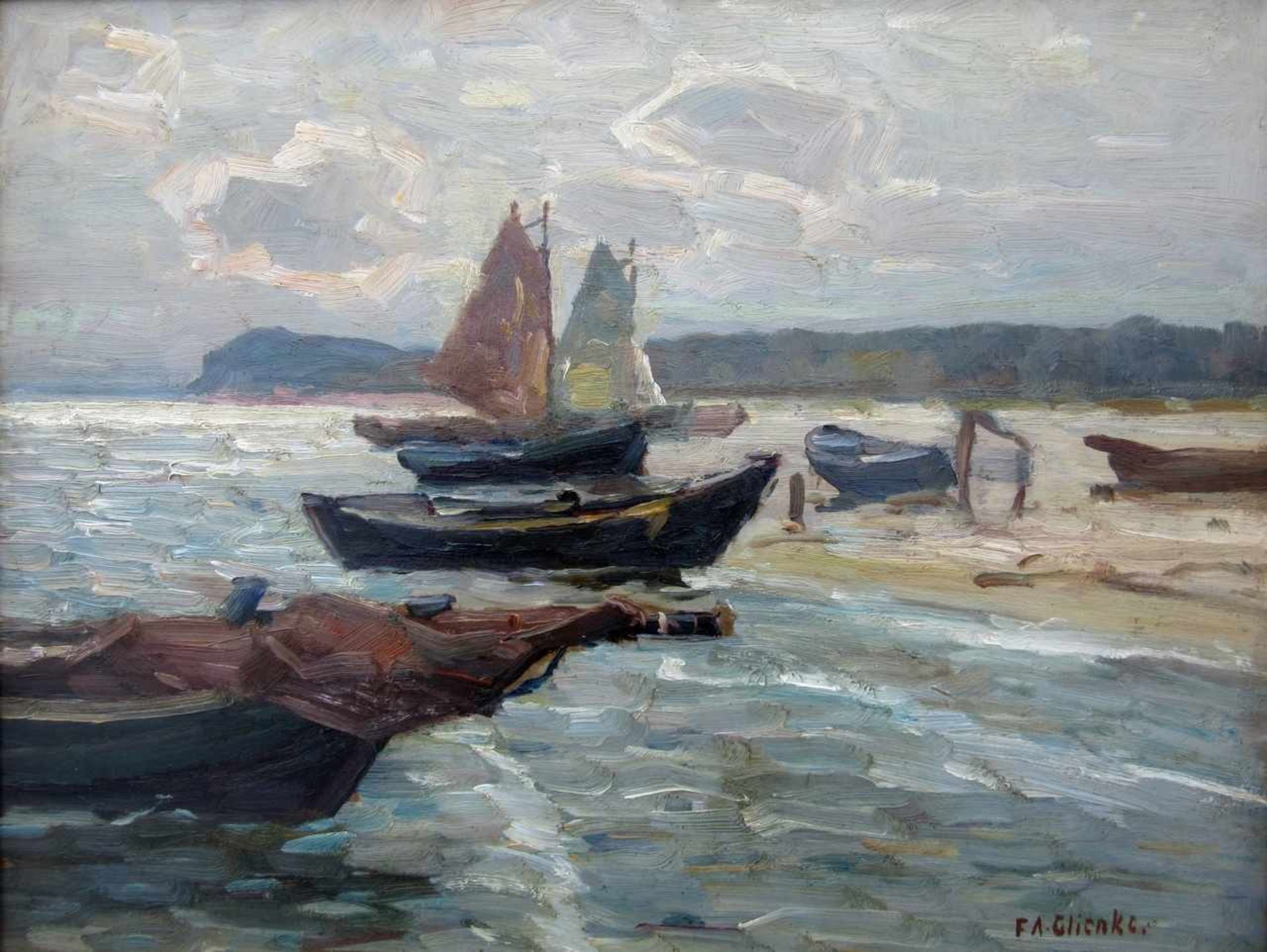 Glienke, Ferdinand August (1854 Moritzfelde/Pommern – 1928 Berlin)"Boote am Usedomer Strand"Öl auf