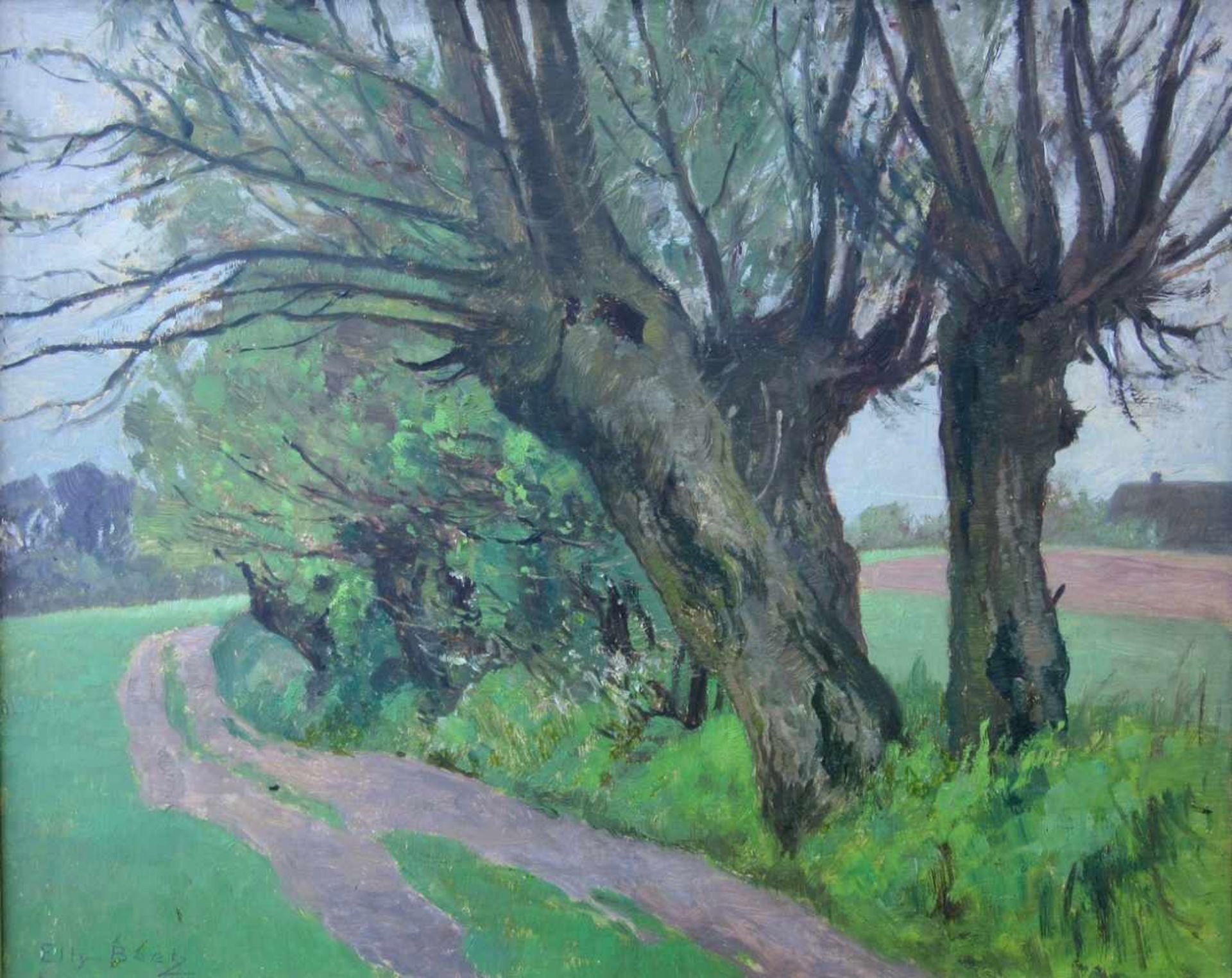 Beetz, Elly (1900 Schwerin - 1951 Schwerin)"Mecklenburger Feldweg mit Kopfweiden"Öl auf Malpappe,