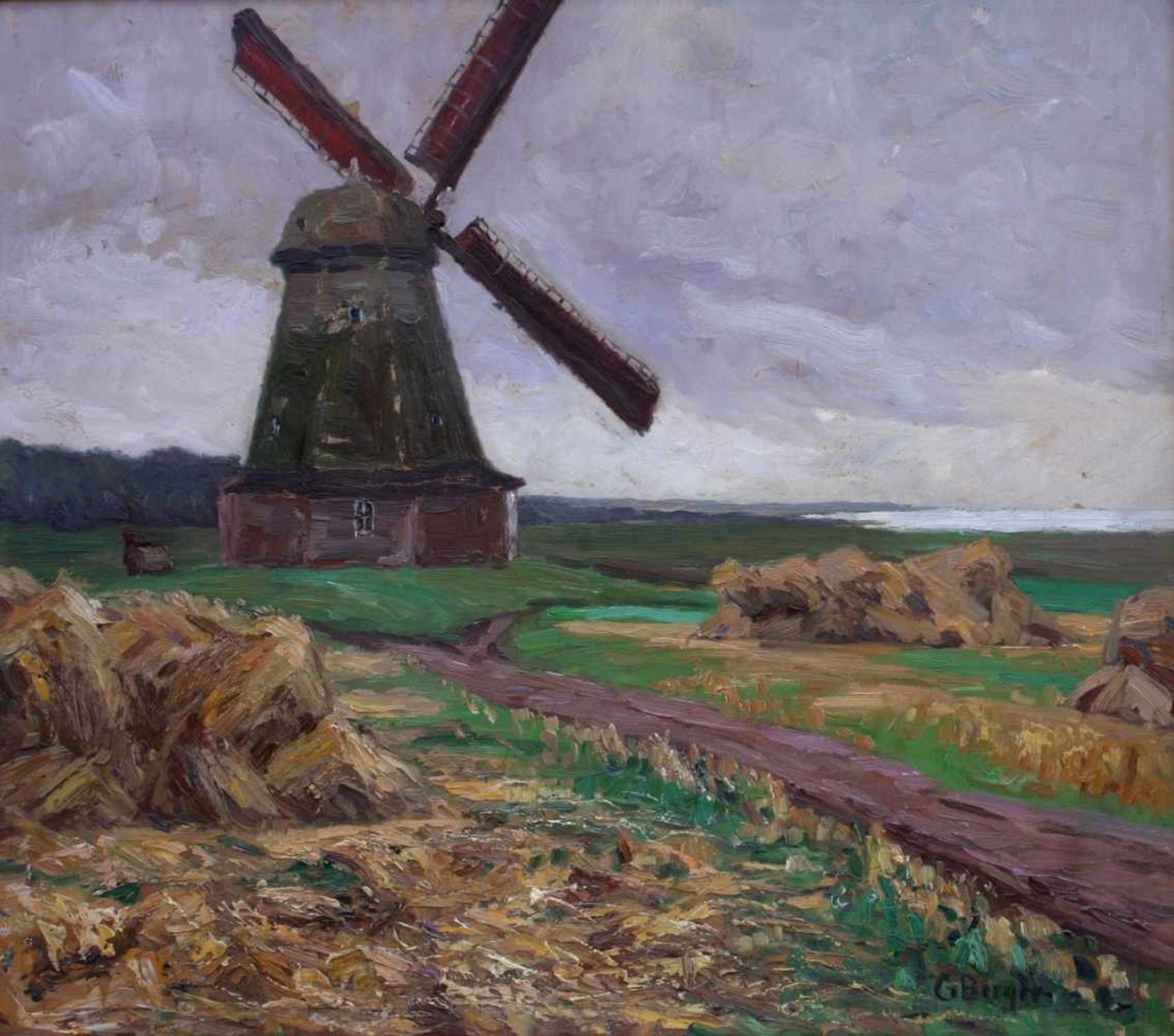 Berger, Gertrud (1876 Bergen/Rügen - 1950 Greifswald)„Mühle am Bodden“Öl auf Pappe, unten rechts