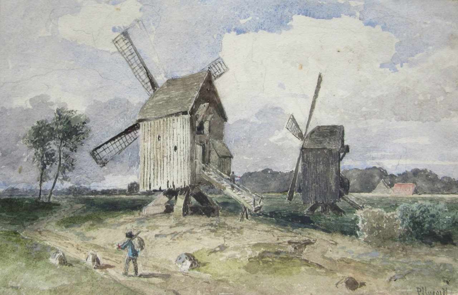 Pflugradt, Franz (1861 Peenwerder/Demmin – 1946 Zingst)„Wanderer an der Mühle“Aquarell, unten rechts