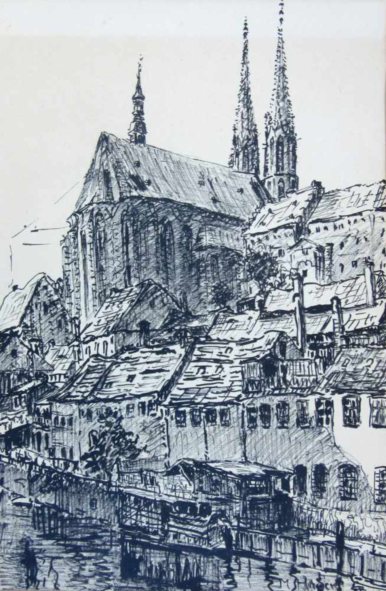 Hager, Marie (1872 Penzlin – 1947 Burg Stargard) „Stadtansicht“Tuschzeichnung, unten rechts