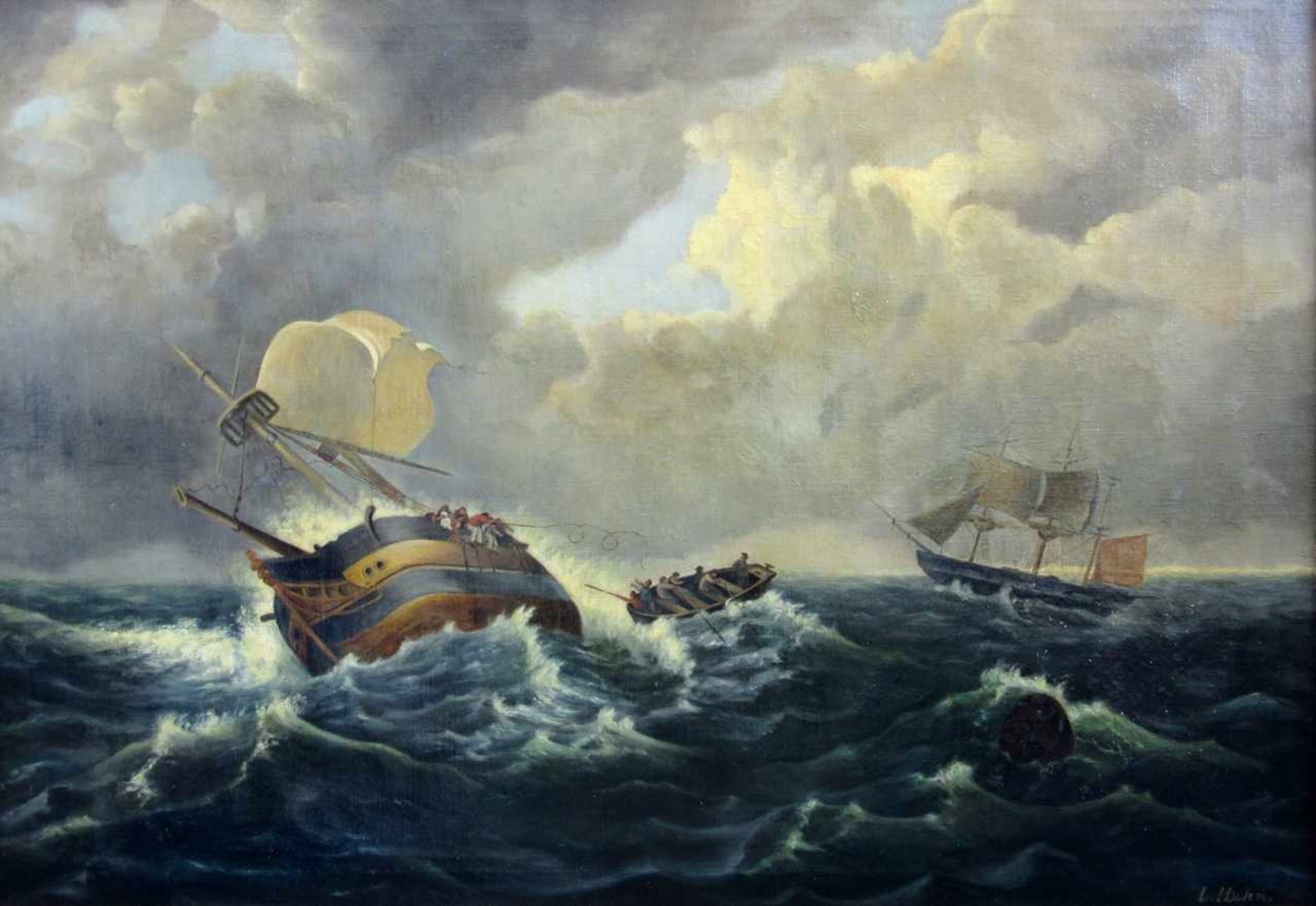 Hahn, L. (deutscher Marinemaler des 19. Jahrhunderts) „Seenotrettung“Öl auf Leinwand, unten rechts