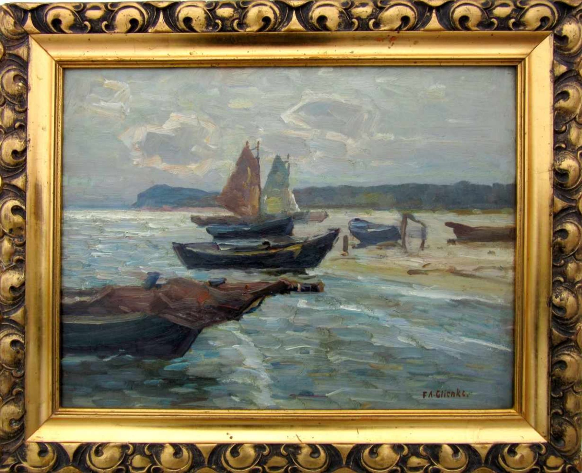 Glienke, Ferdinand August (1854 Moritzfelde/Pommern – 1928 Berlin)"Boote am Usedomer Strand"Öl auf - Bild 2 aus 2