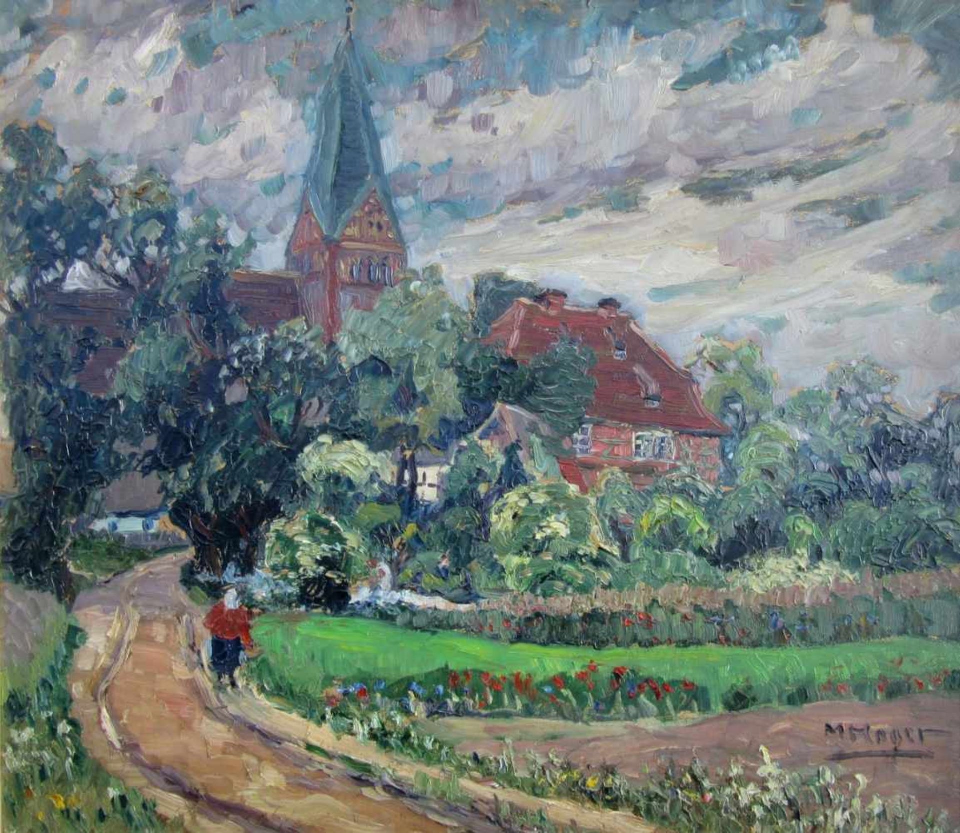 Hager, Marie (1872 Penzlin – 1947 Burg Stargard) „Kirche und Pfarrhaus in Zarnekow“Öl auf