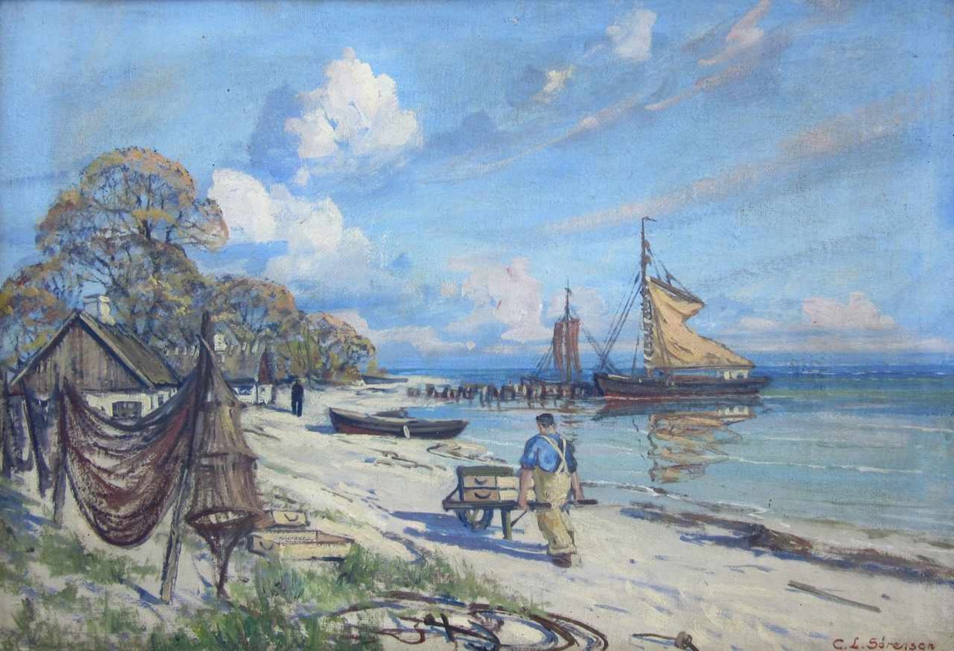 Sörensen, C.L. (skandinavischer Künstler 1.Hälfte des 20. Jahrhunderts)„Fischer am Strand“Öl auf