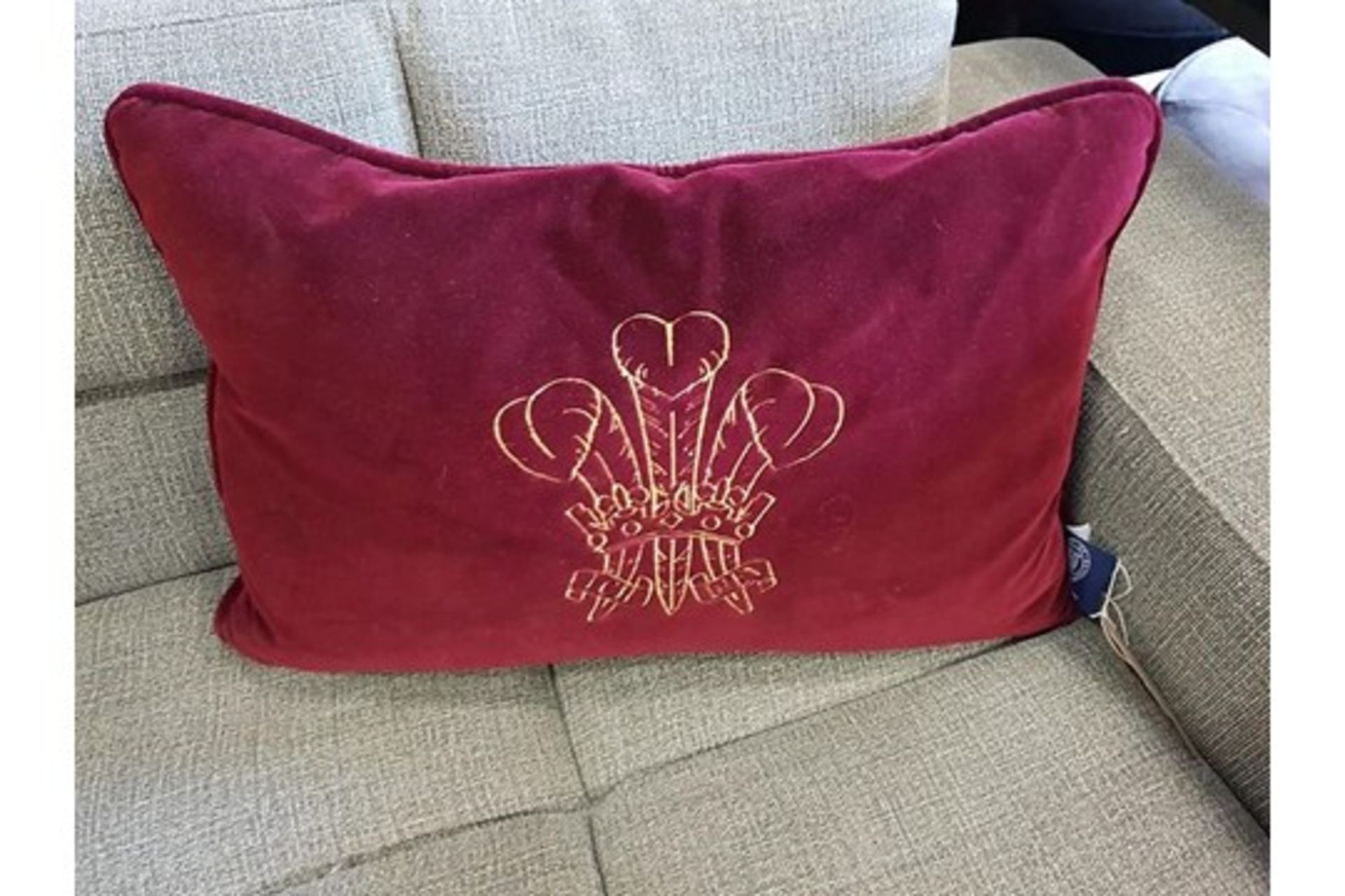 Cushion Burgundy Velvet with Crest Ich Dien 56 x 36cm
