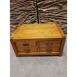 Montana Oak Coffee Table 8 Drawer Features Streamline Design With Brass Cup Handles And