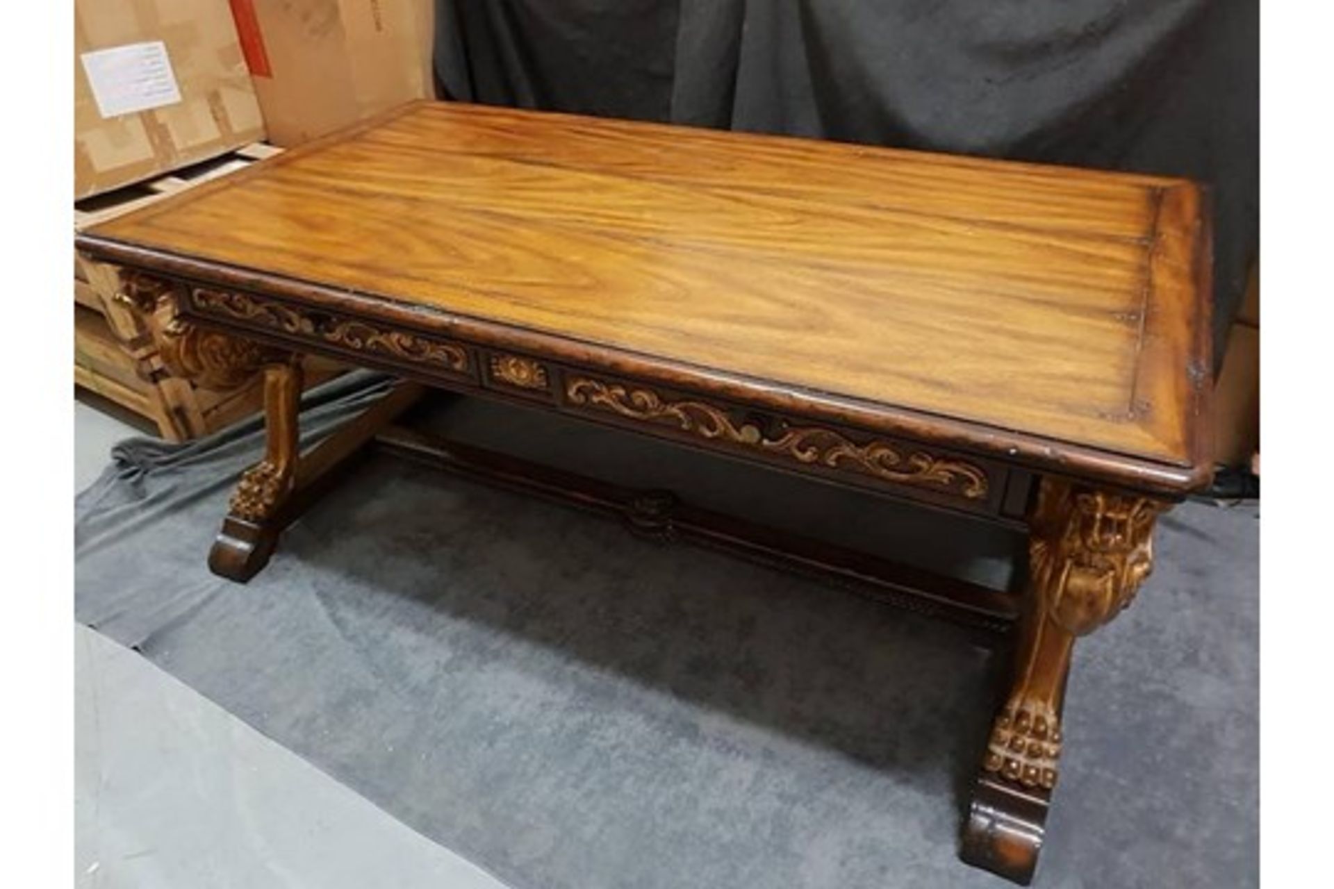 Griffin Library Table 100 Year Distressed Double Sided Library Desk With Aged Gilt Accents Planked