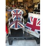 Carver Chair Union Jack pattern upholstered effect seat on a baroque style silver painted frame 61 x